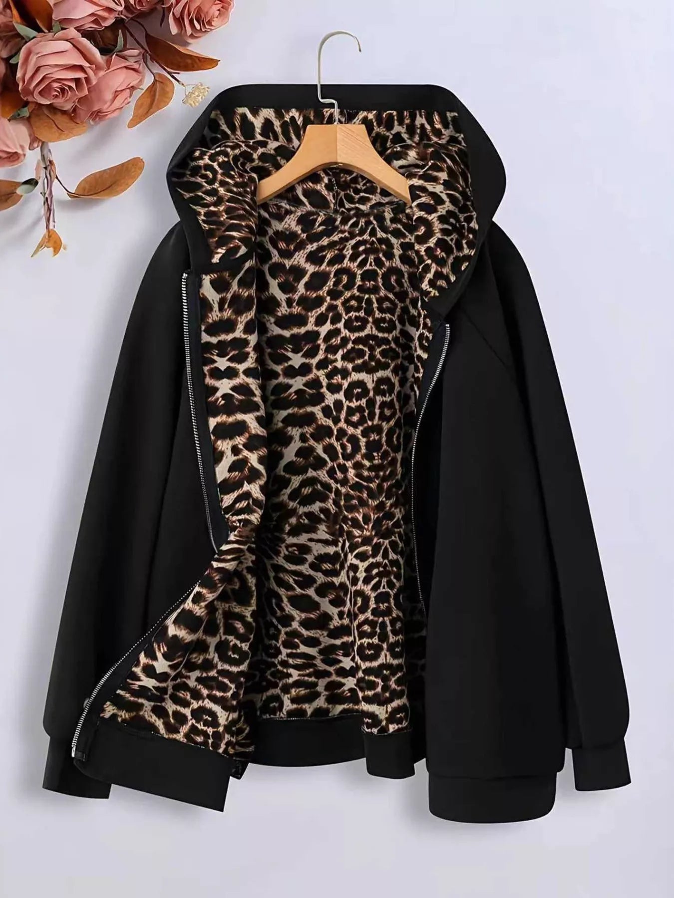 Hooded Leopard Lined Zip - Up Outerwear - Flip Flop Dynasty