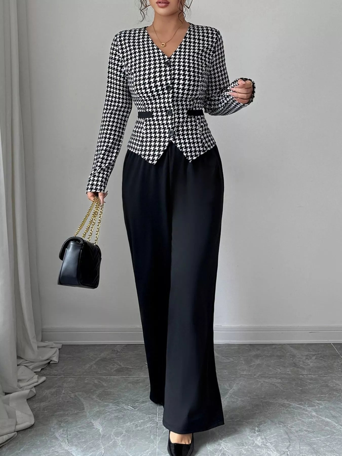 Houndstooth Blazer & Wide Leg Pants Set - Flip Flop Dynasty