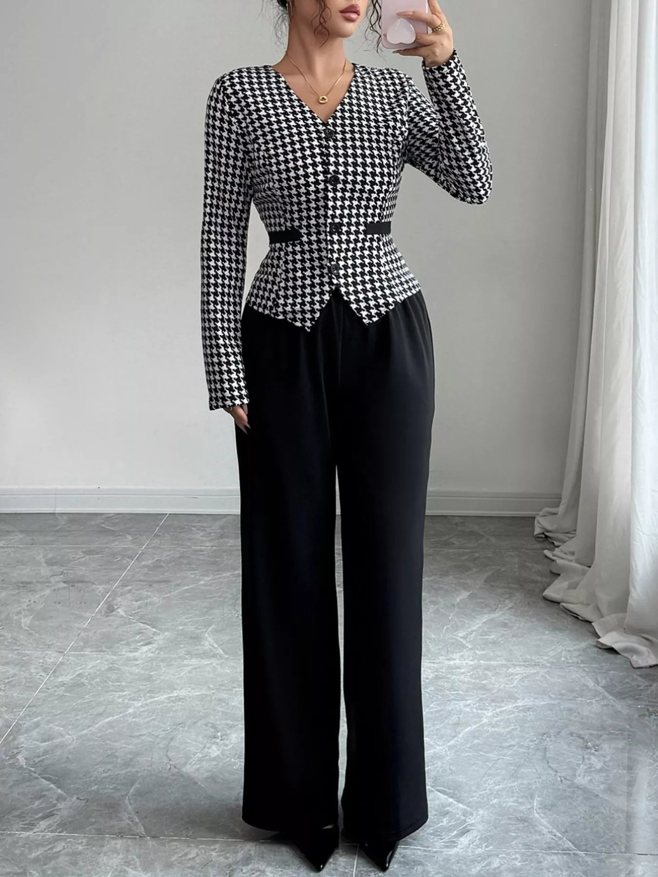 Houndstooth Blazer & Wide Leg Pants Set - Flip Flop Dynasty