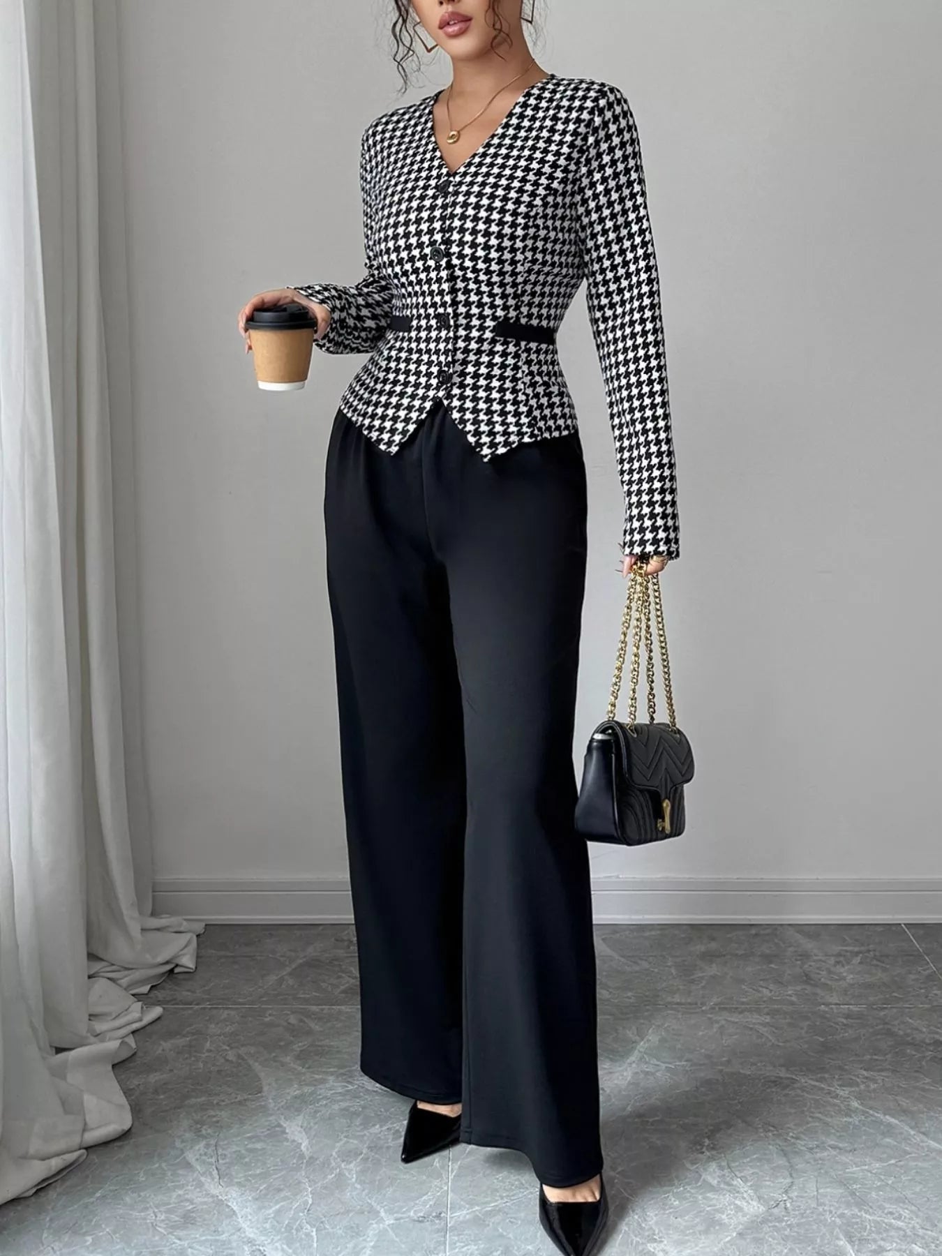 Houndstooth Blazer & Wide Leg Pants Set - Flip Flop Dynasty