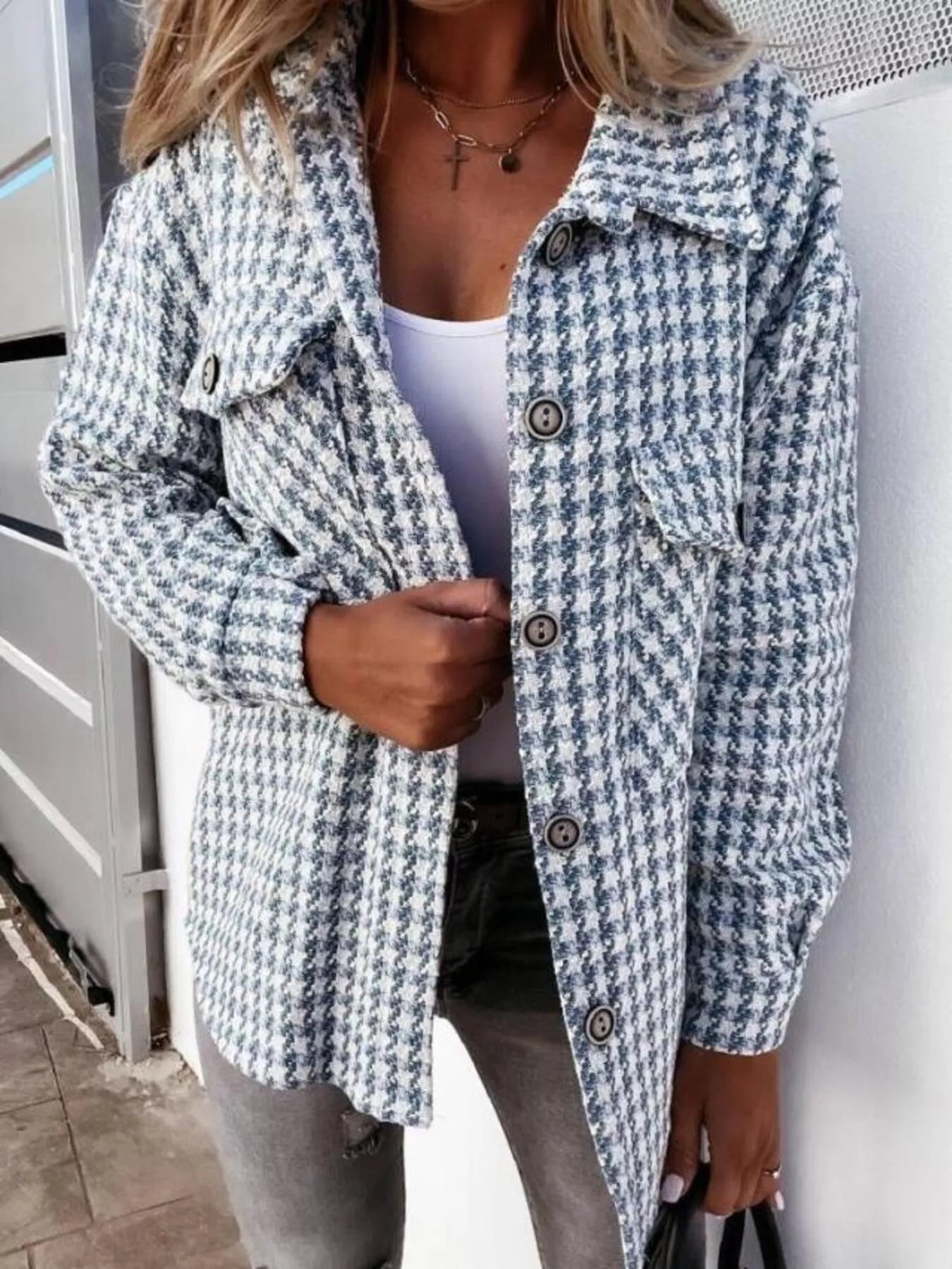 Houndstooth Button - Down Jacket - Flip Flop Dynasty