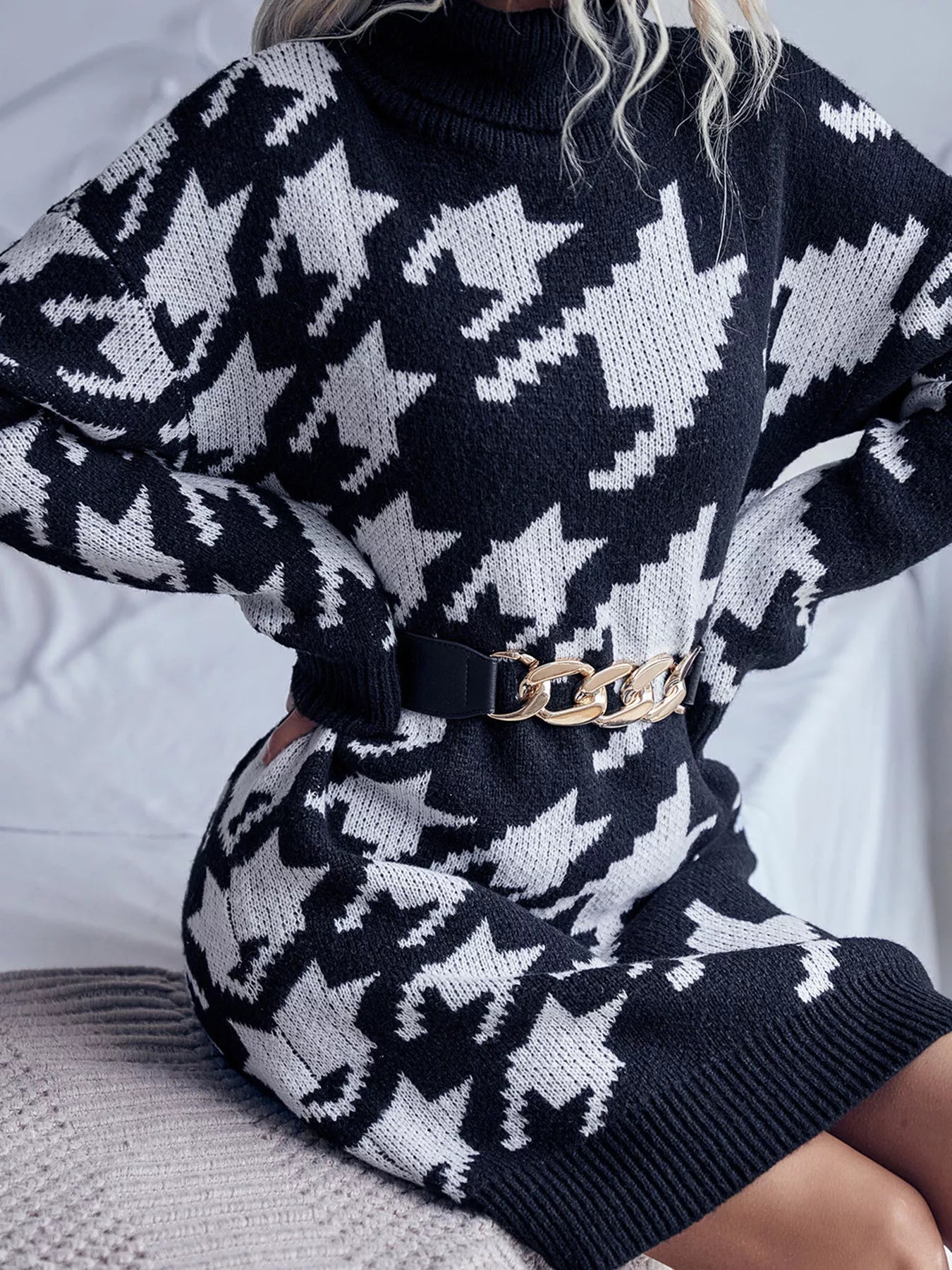 Houndstooth Pattern Turtleneck Sweater Dress - Flip Flop Dynasty