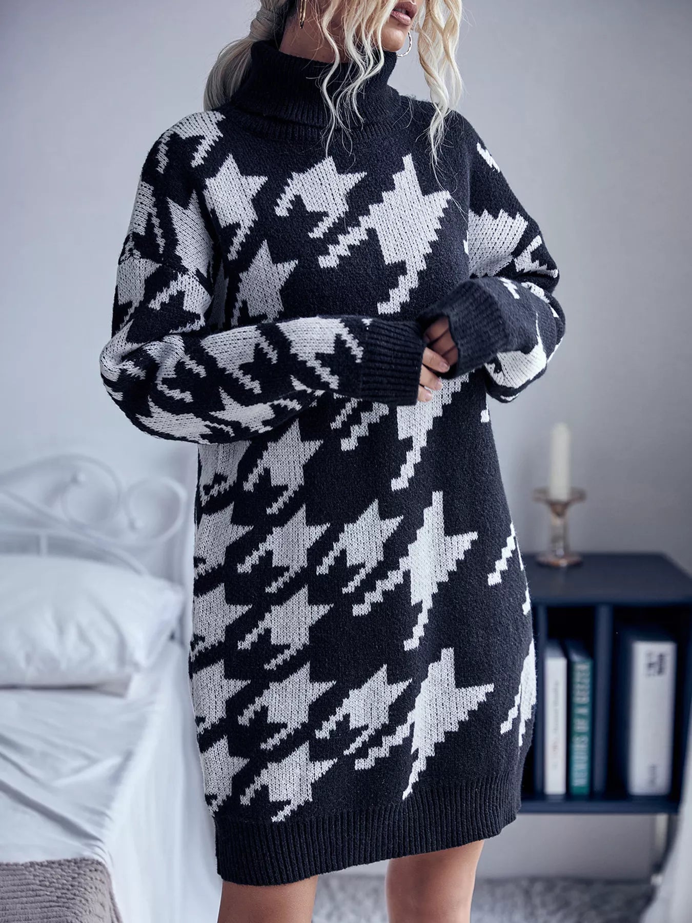 Houndstooth Pattern Turtleneck Sweater Dress - Flip Flop Dynasty