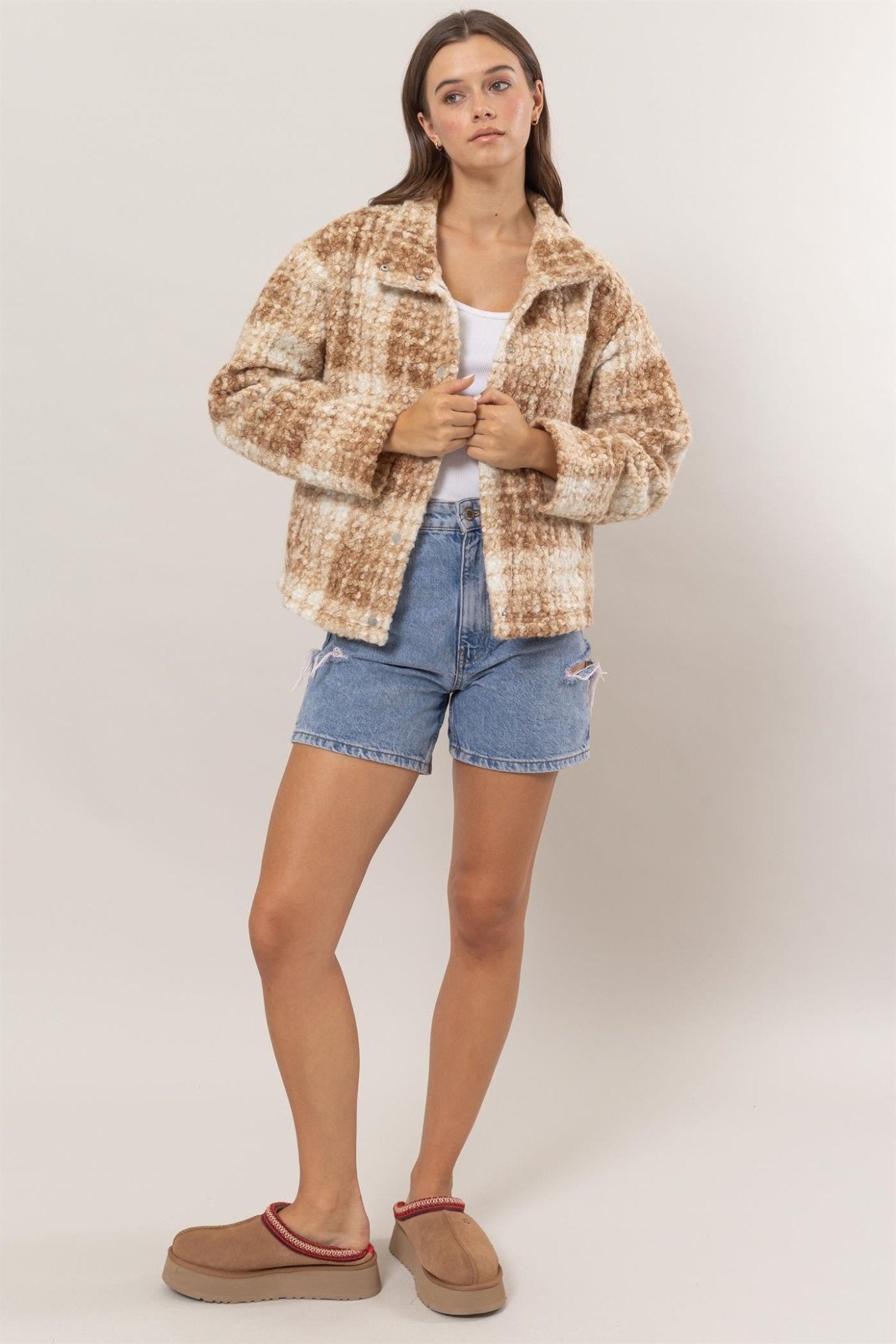 HYFVE Plaid Collared Neck Boucle Jacket with Pockets - Flip Flop Dynasty