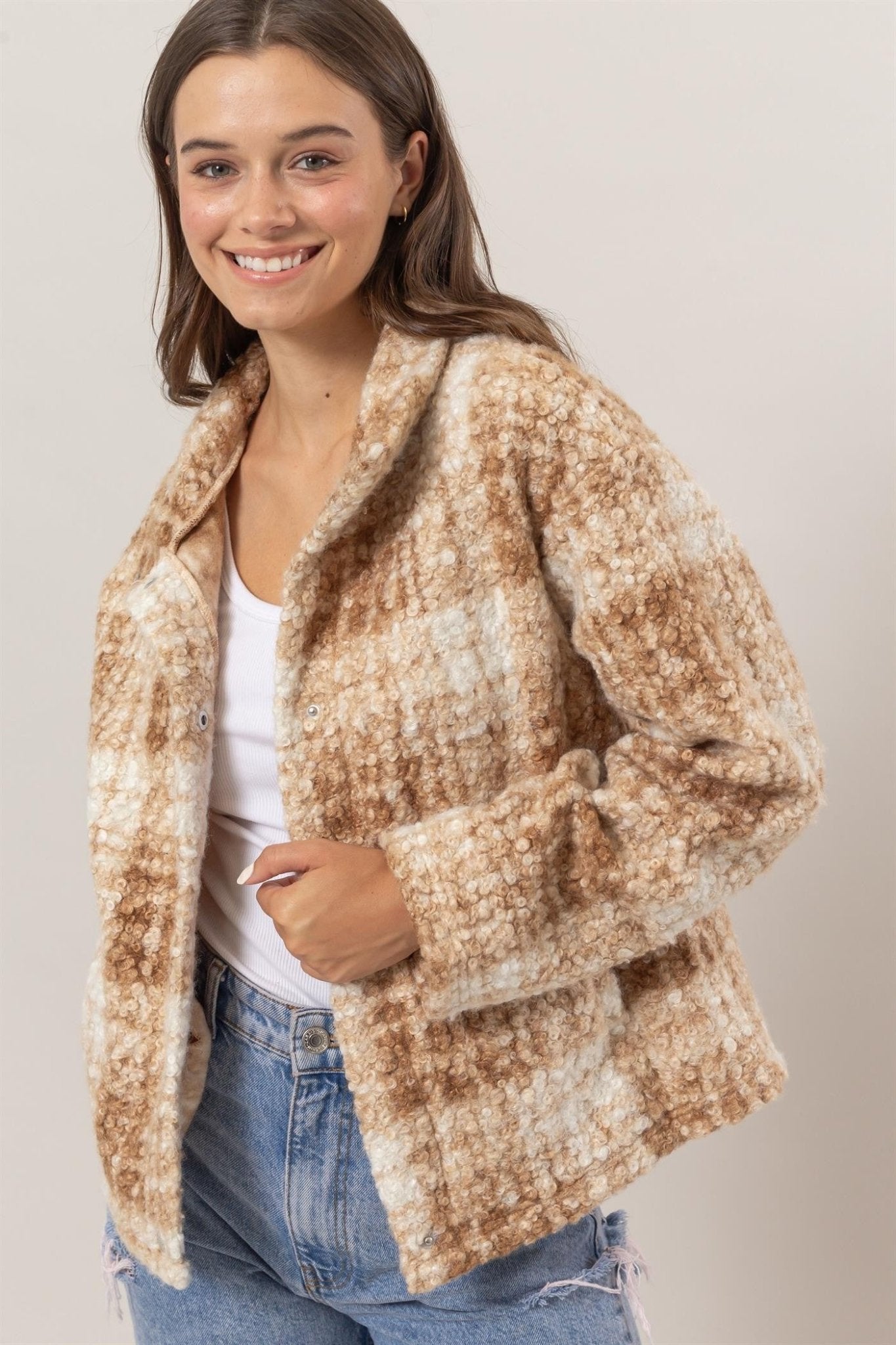 HYFVE Plaid Collared Neck Boucle Jacket with Pockets - Flip Flop Dynasty