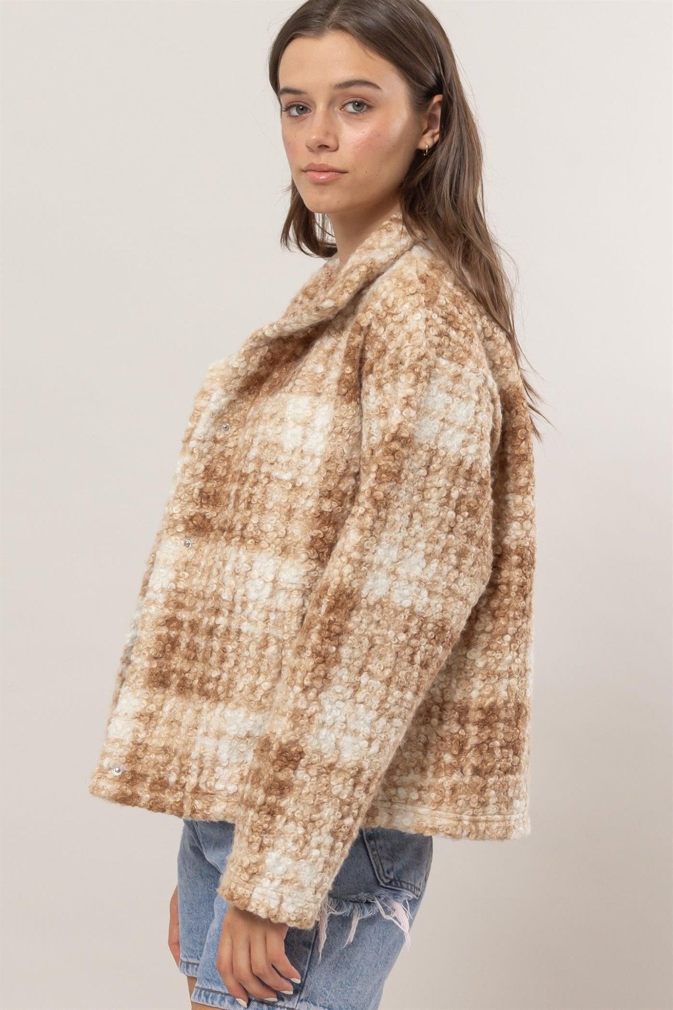 HYFVE Plaid Collared Neck Boucle Jacket with Pockets - Flip Flop Dynasty