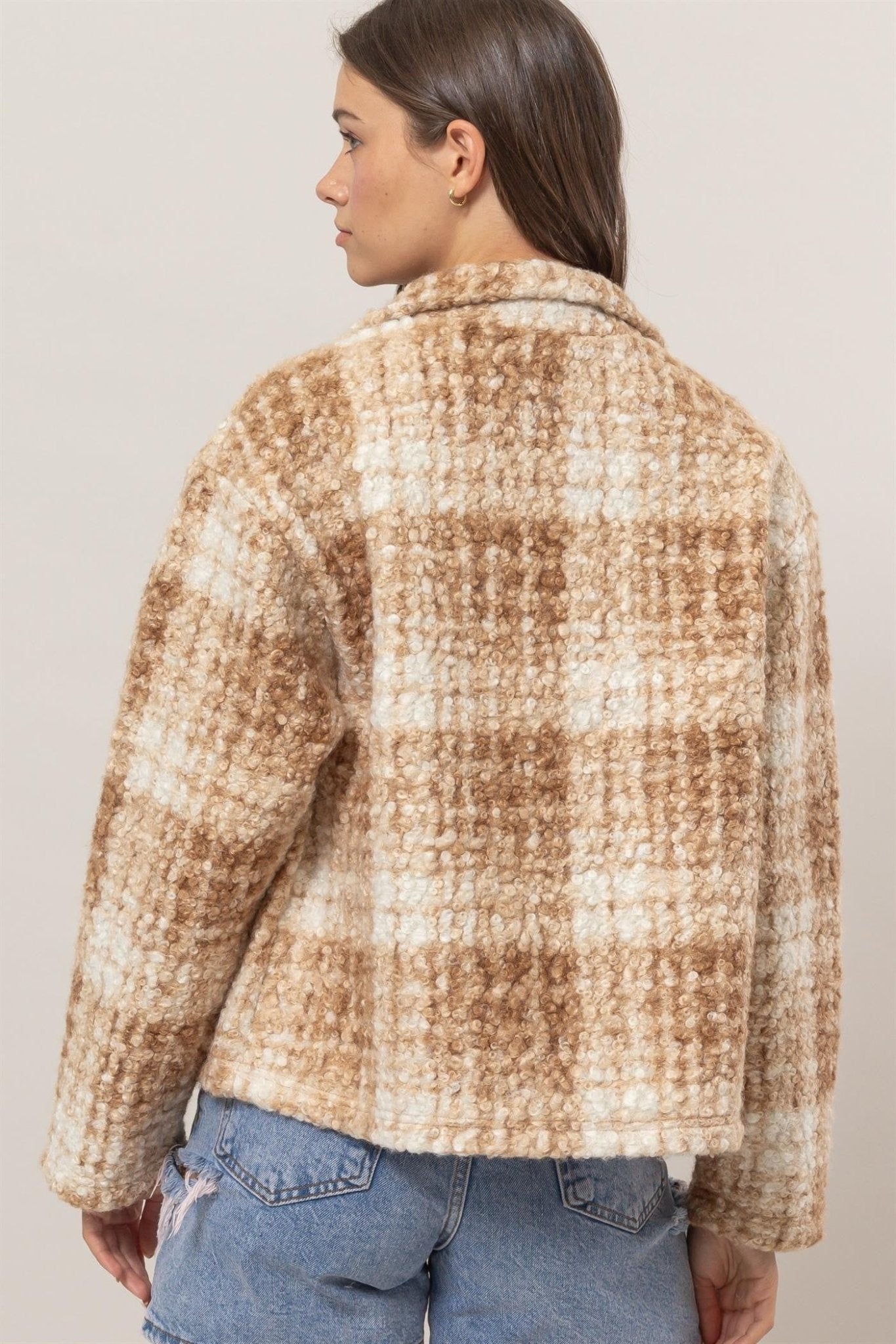 HYFVE Plaid Collared Neck Boucle Jacket with Pockets - Flip Flop Dynasty