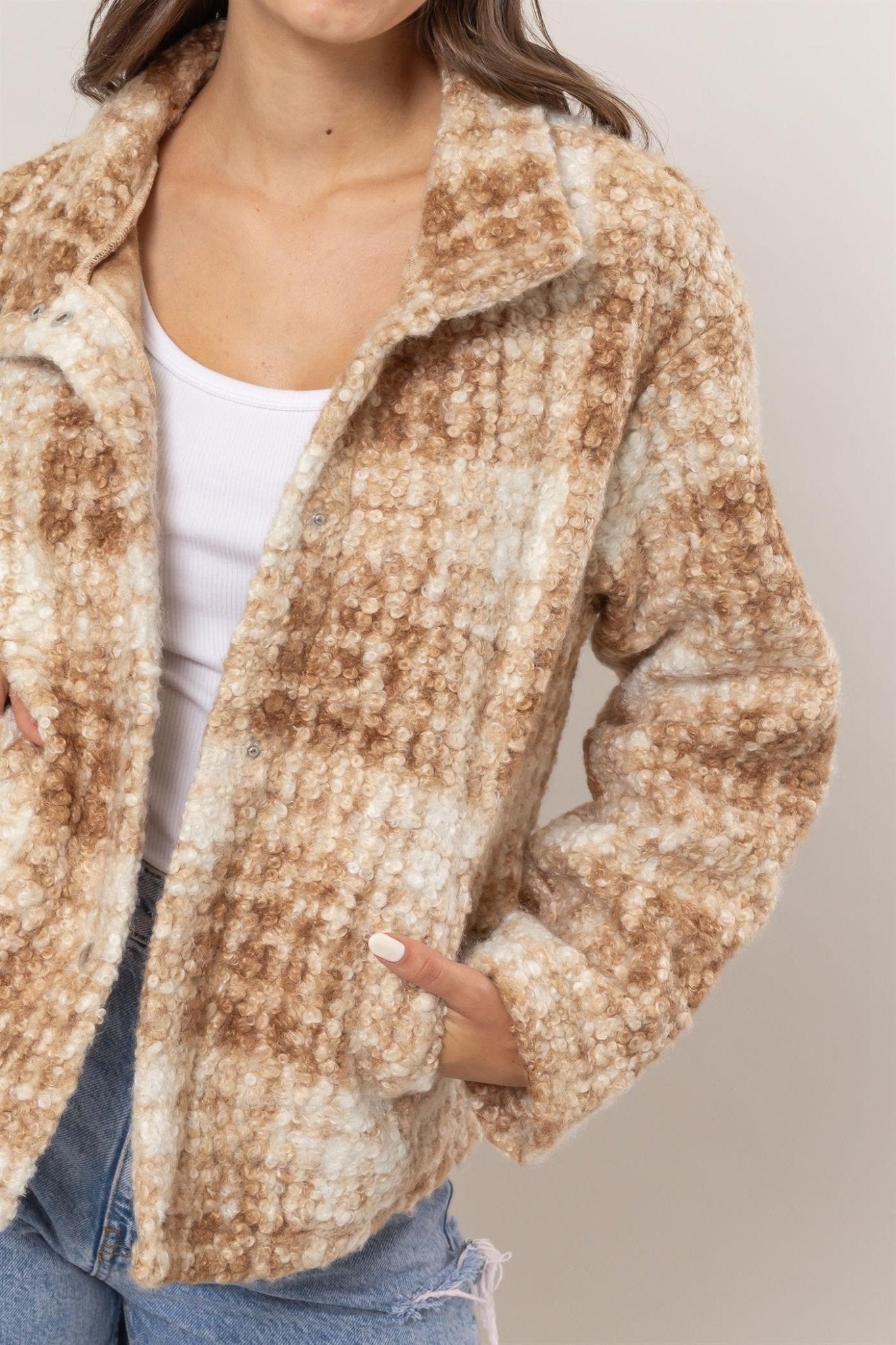 HYFVE Plaid Collared Neck Boucle Jacket with Pockets - Flip Flop Dynasty