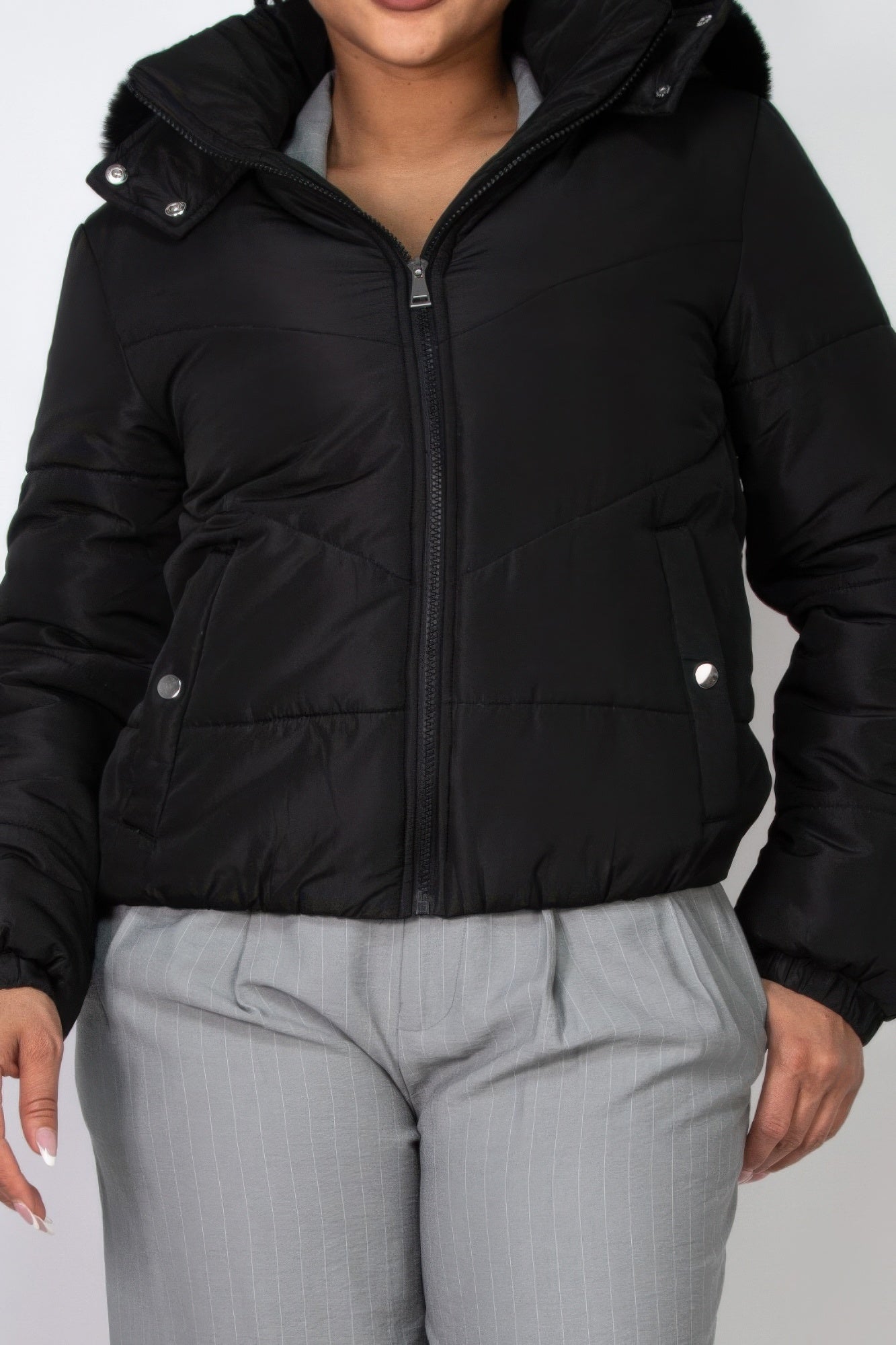 Insulated Zip - up Faux Fur Hooded Jacket - Flip Flop Dynasty