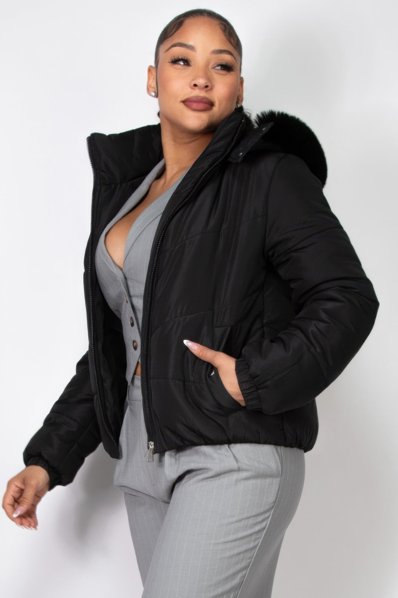 Insulated Zip - up Faux Fur Hooded Jacket - Flip Flop Dynasty
