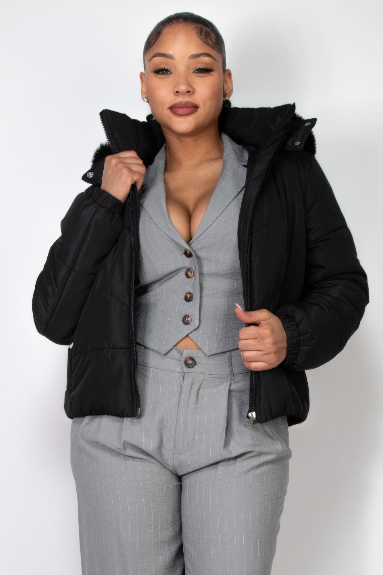 Insulated Zip - up Faux Fur Hooded Jacket - Flip Flop Dynasty