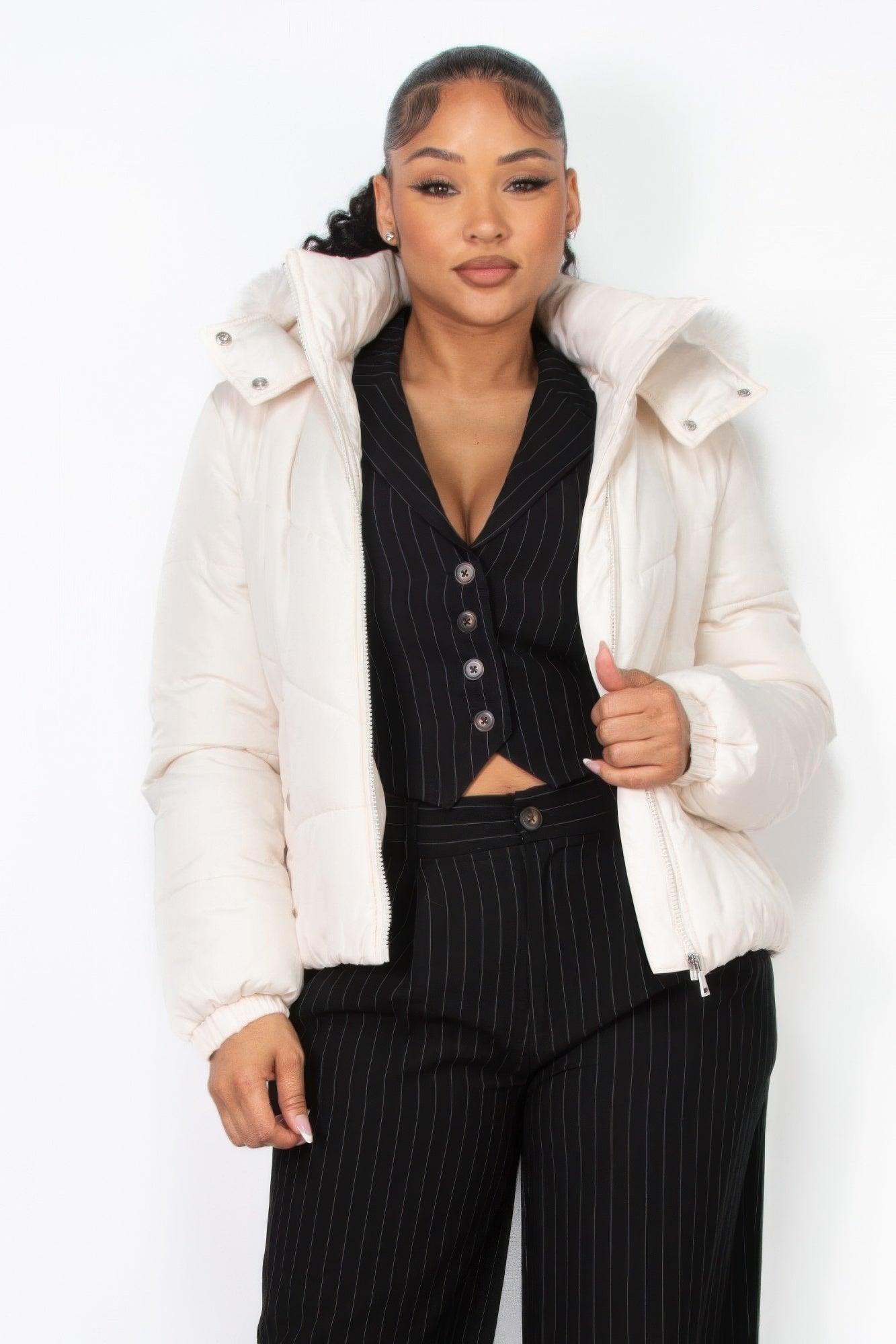 Insulated Zip - up Faux Fur Hooded Jacket - Flip Flop Dynasty
