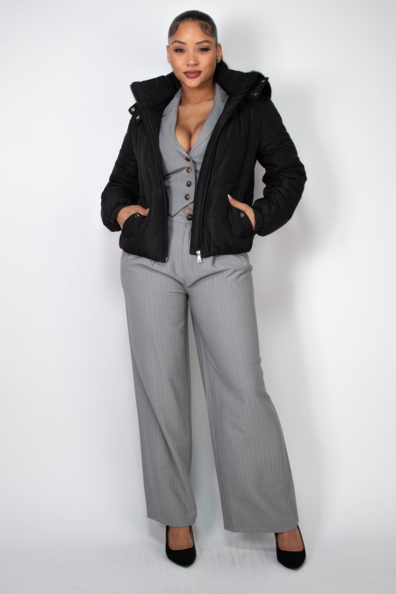 Insulated Zip - up Faux Fur Hooded Jacket - Flip Flop Dynasty