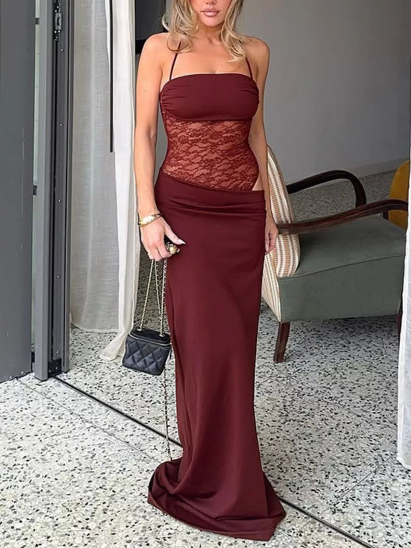 Lace Cutout Tie Shoulder Maxi Dress - Flip Flop Dynasty