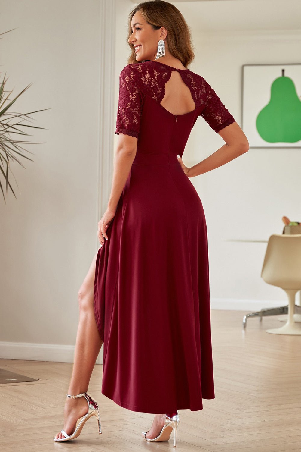 Lace Cutout V - Neck Short Sleeve Dress - Flip Flop Dynasty