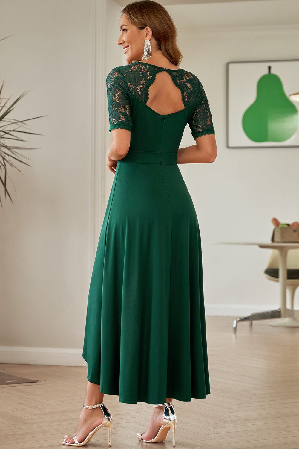 Lace Cutout V - Neck Short Sleeve Dress - Flip Flop Dynasty