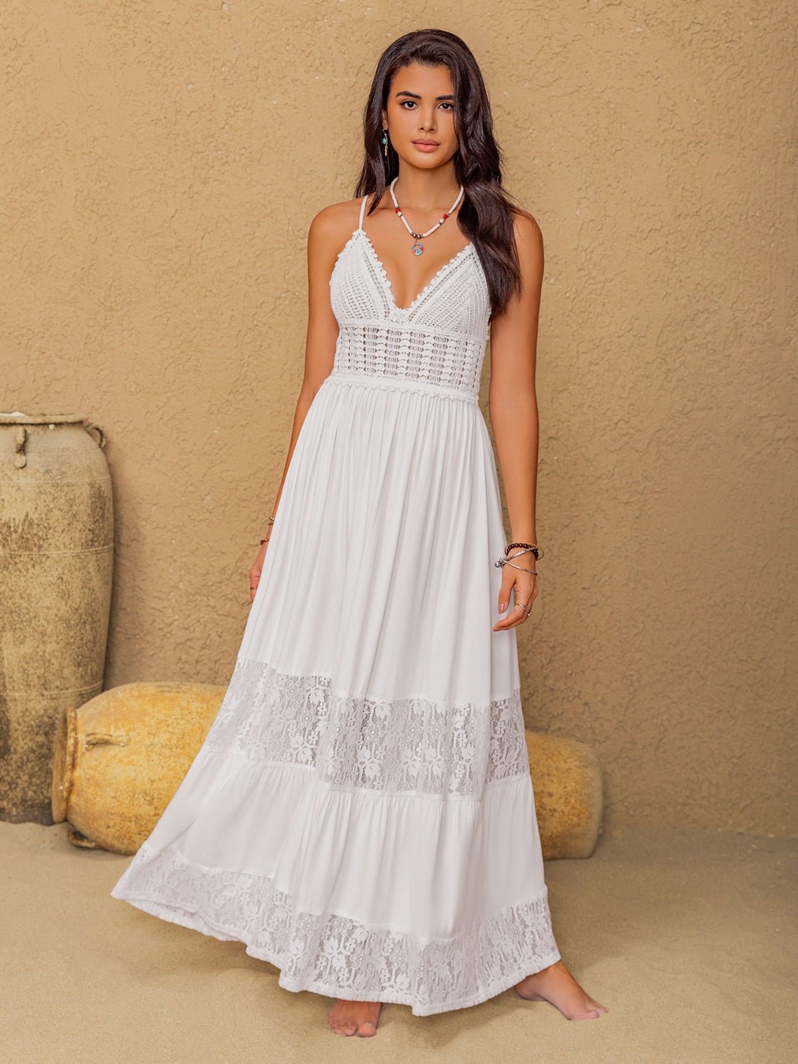 Lace Detail Crochet Tiered Maxi Cami Dress - Flip Flop Dynasty