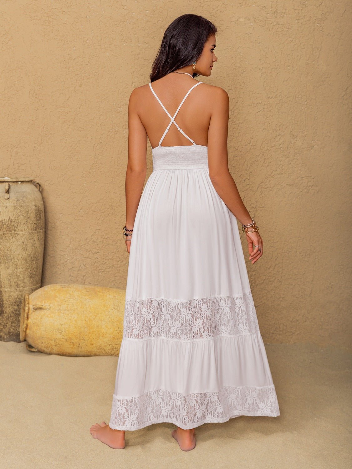 Lace Detail Crochet Tiered Maxi Cami Dress - Flip Flop Dynasty