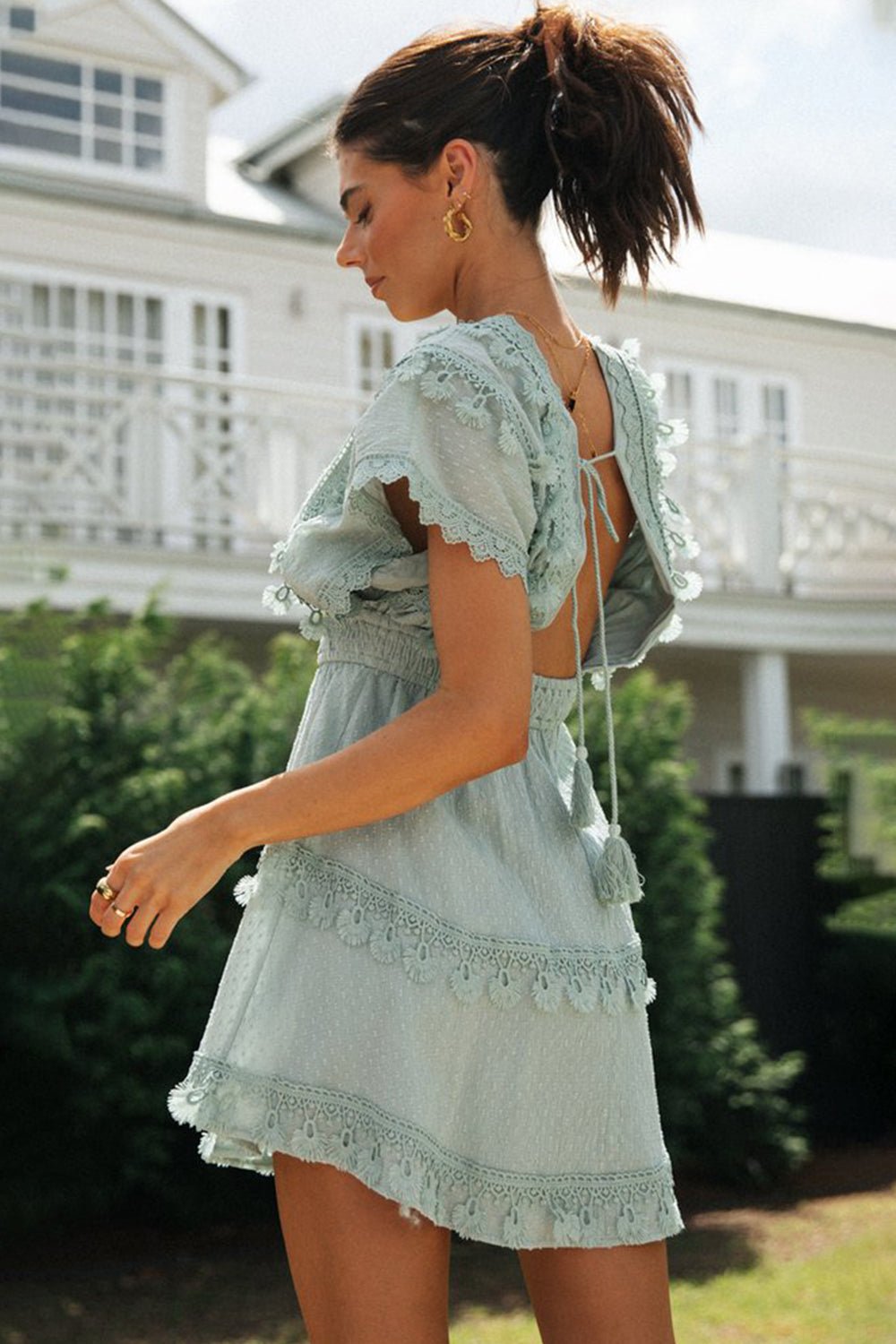 Lace Detail Plunge Short Sleeve Mini Dress - Flip Flop Dynasty