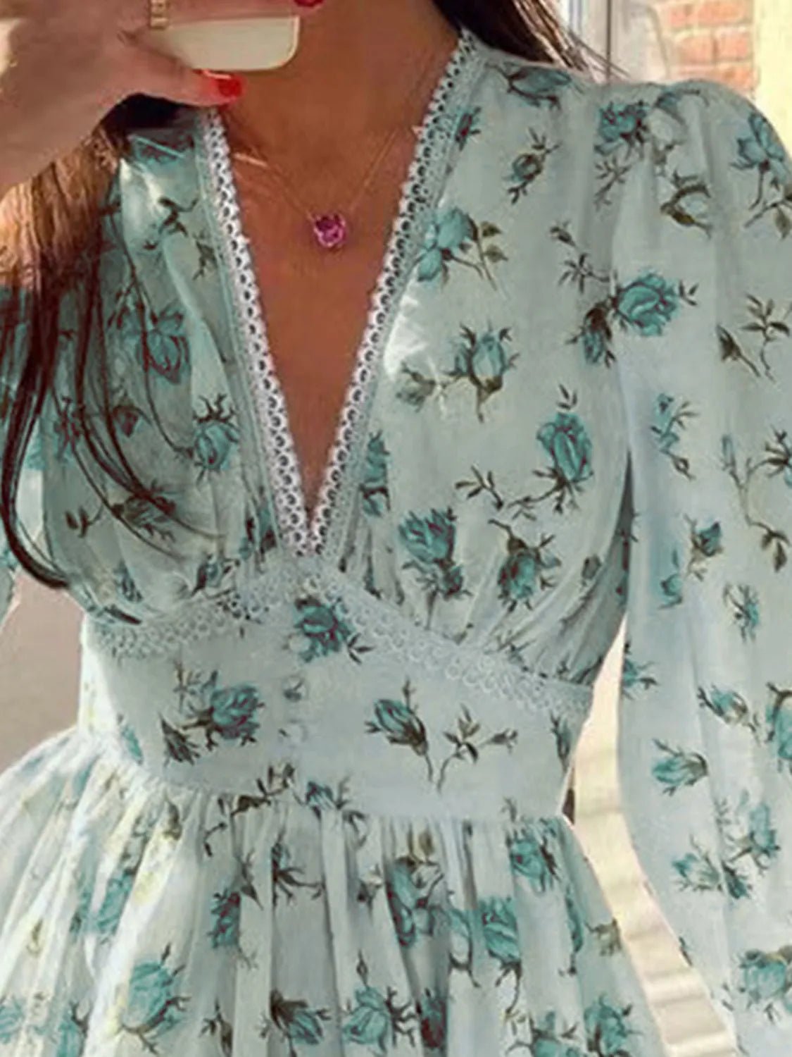 Lace Detail V - Neck Balloon Sleeve Dress - Flip Flop Dynasty