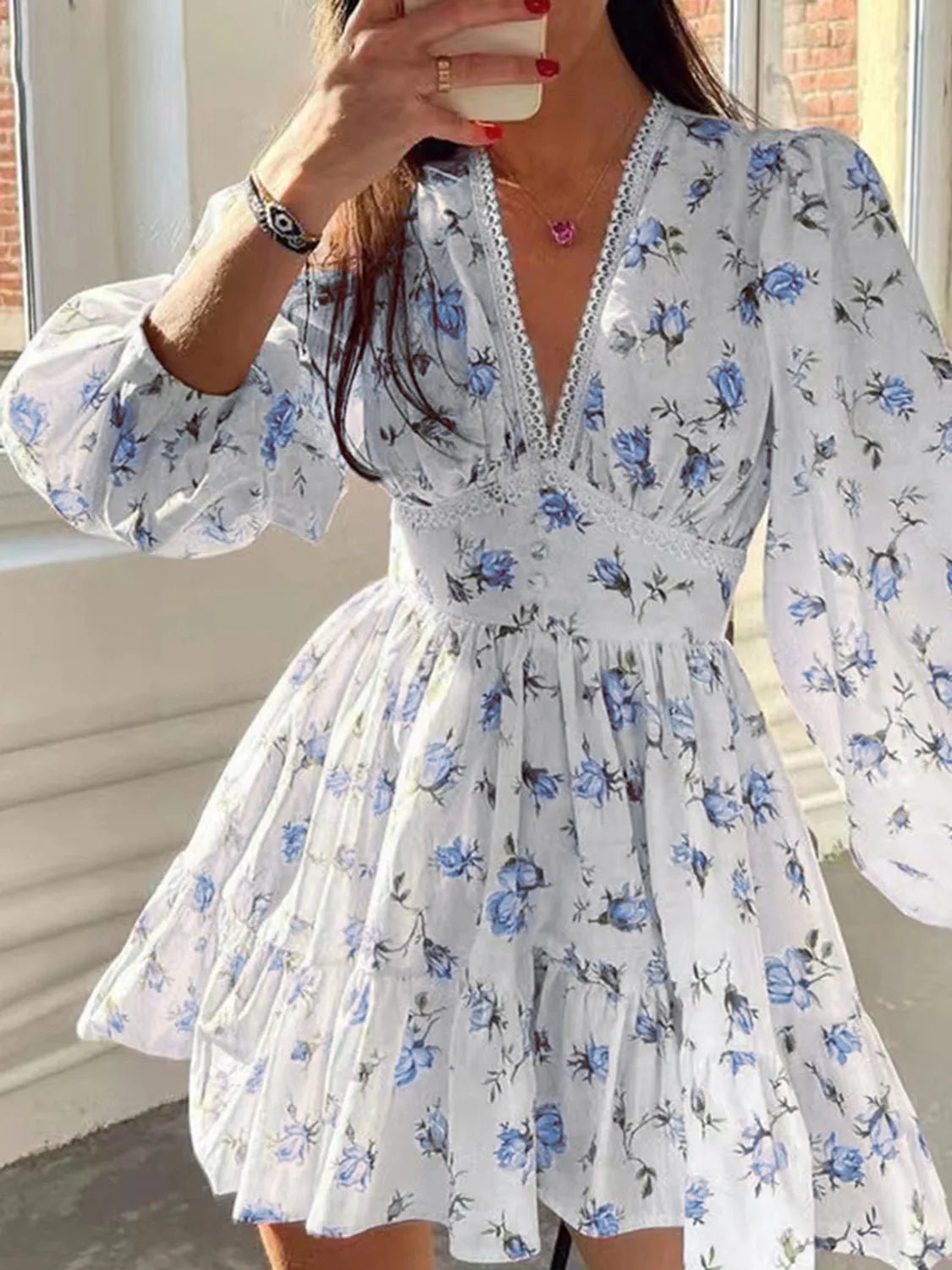Lace Detail V - Neck Balloon Sleeve Dress - Flip Flop Dynasty