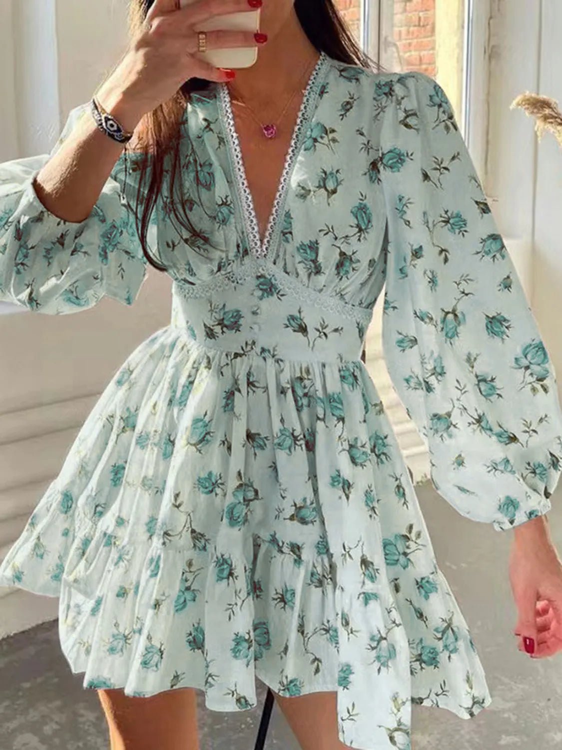 Lace Detail V - Neck Balloon Sleeve Dress - Flip Flop Dynasty