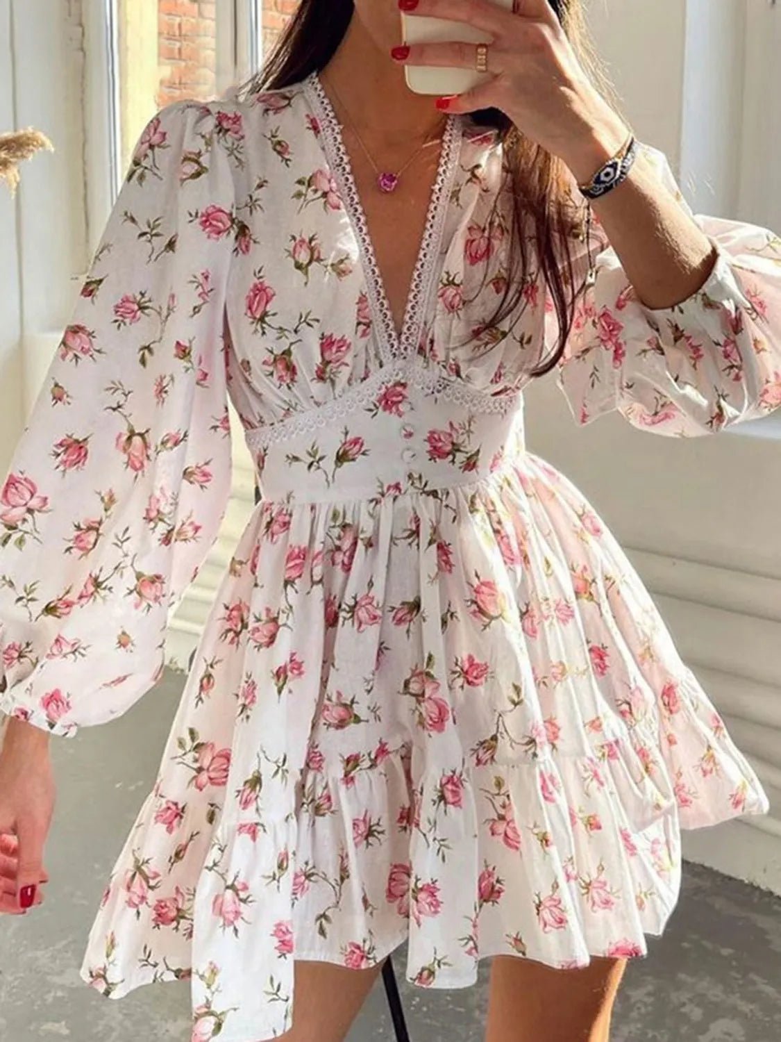 Lace Detail V - Neck Balloon Sleeve Dress - Flip Flop Dynasty