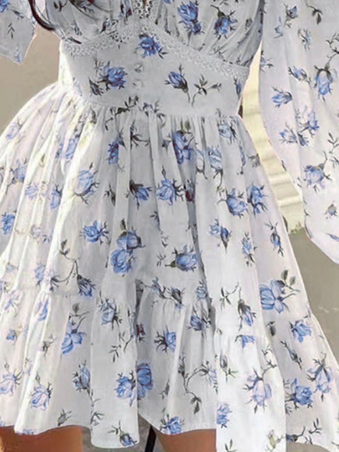 Lace Detail V - Neck Balloon Sleeve Dress - Flip Flop Dynasty
