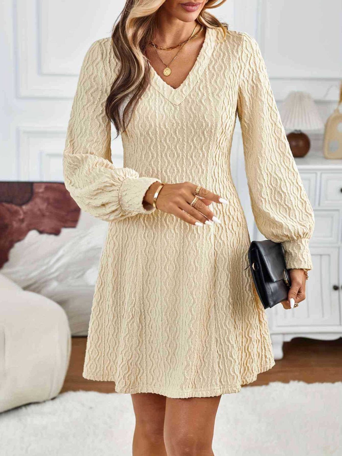 Lace Detail V - Neck Long Sleeve Dress - Flip Flop Dynasty