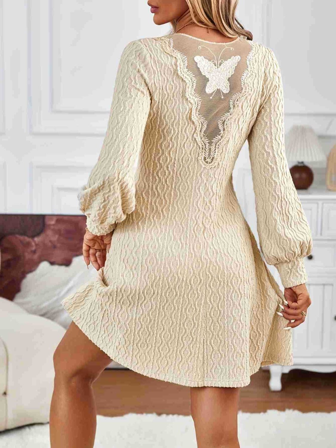 Lace Detail V - Neck Long Sleeve Dress - Flip Flop Dynasty