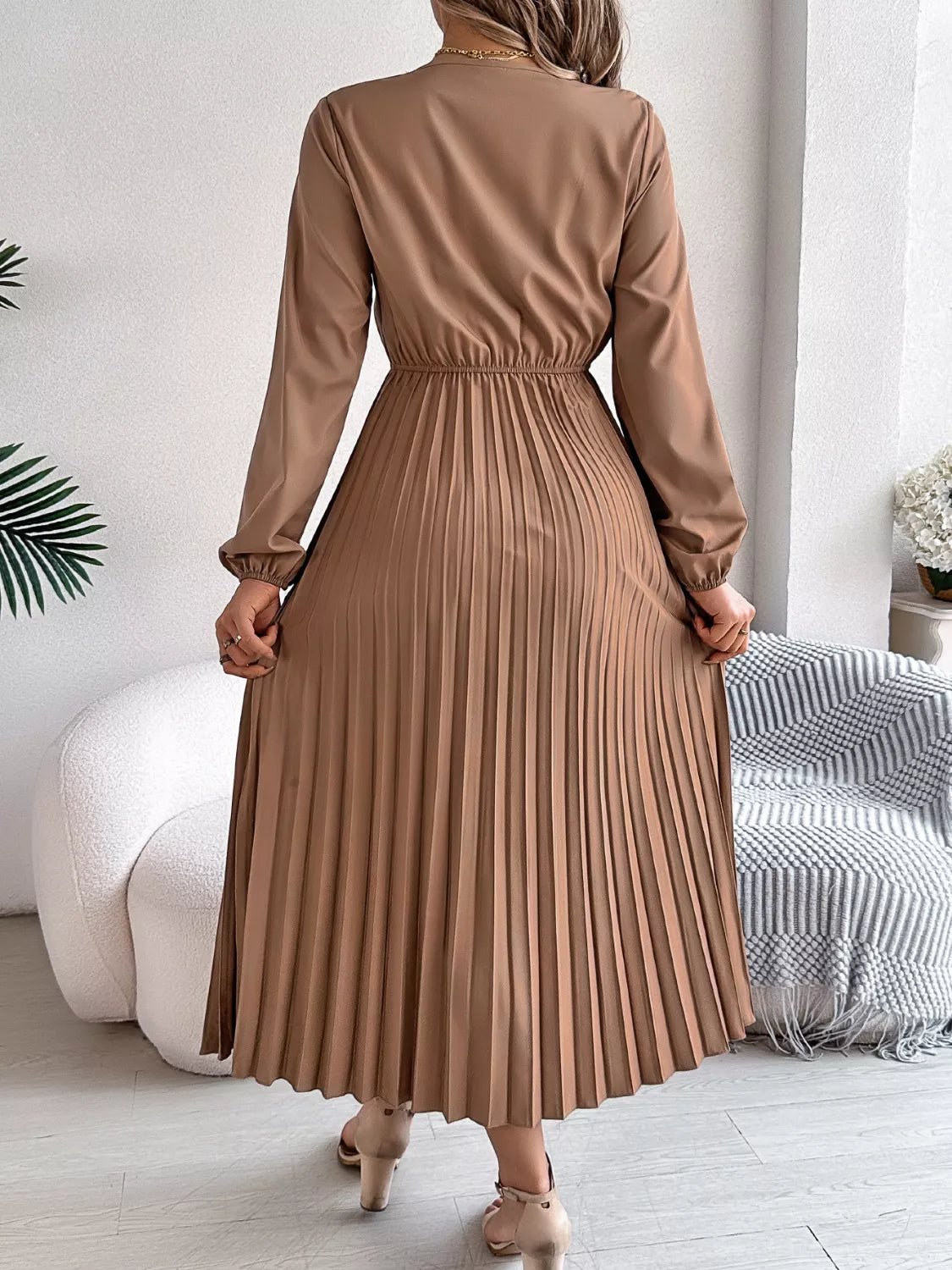 Lace Detail V - Neck Pleated Dress - Flip Flop Dynasty