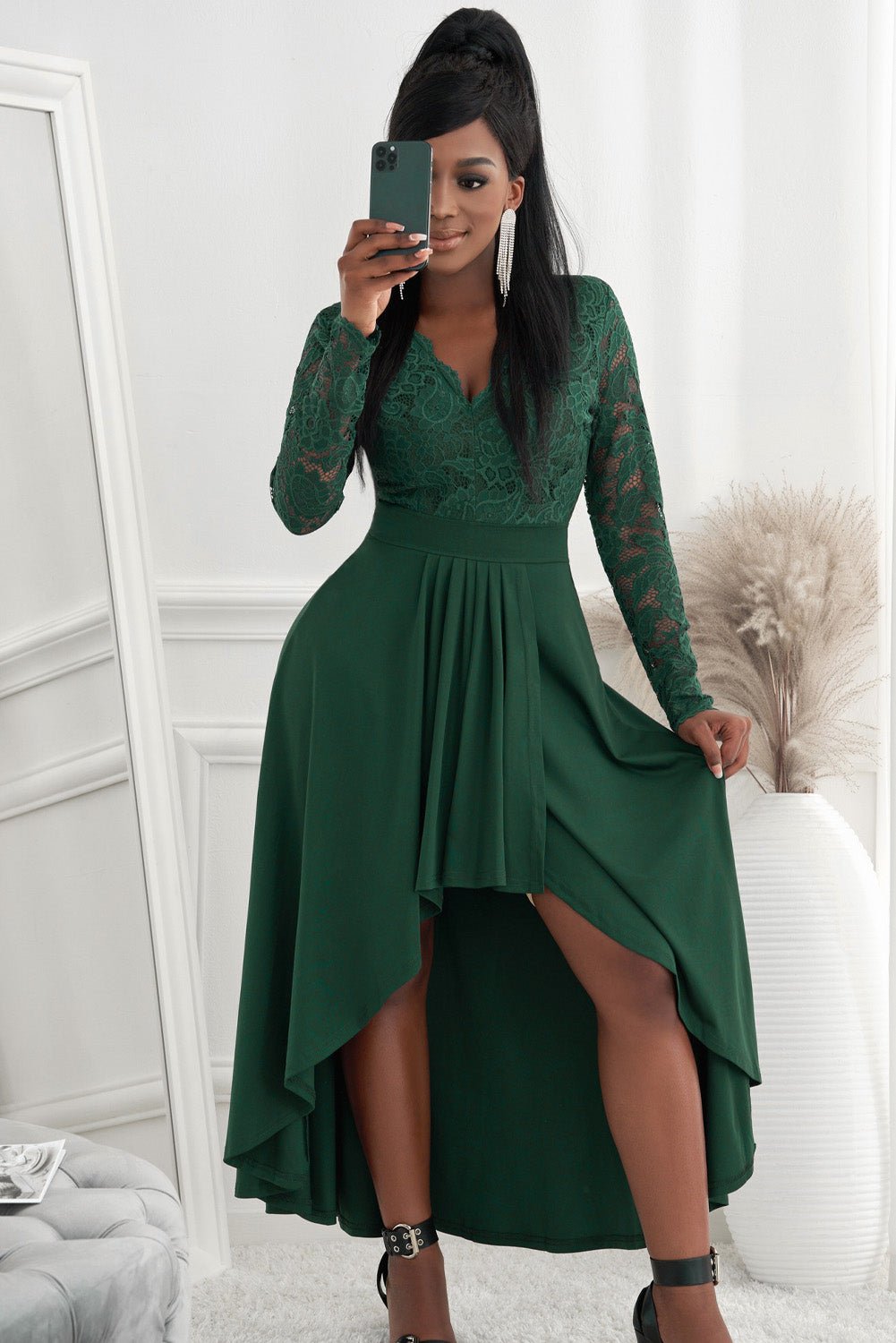 Lace High - Low V - Neck Dress - Flip Flop Dynasty