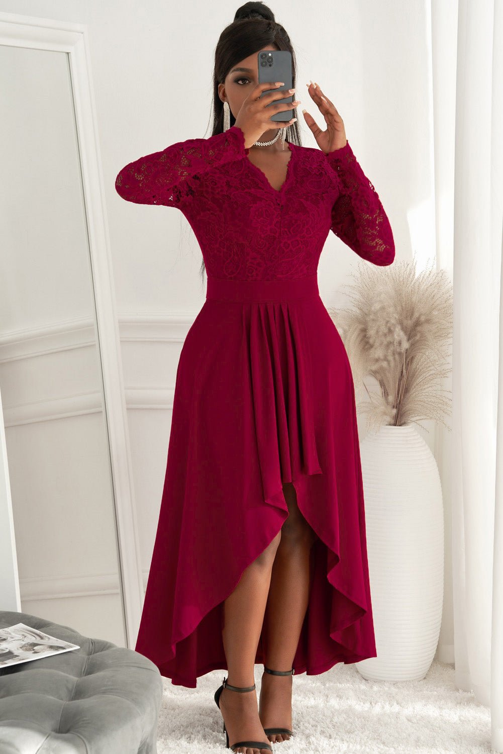 Lace High - Low V - Neck Dress - Flip Flop Dynasty