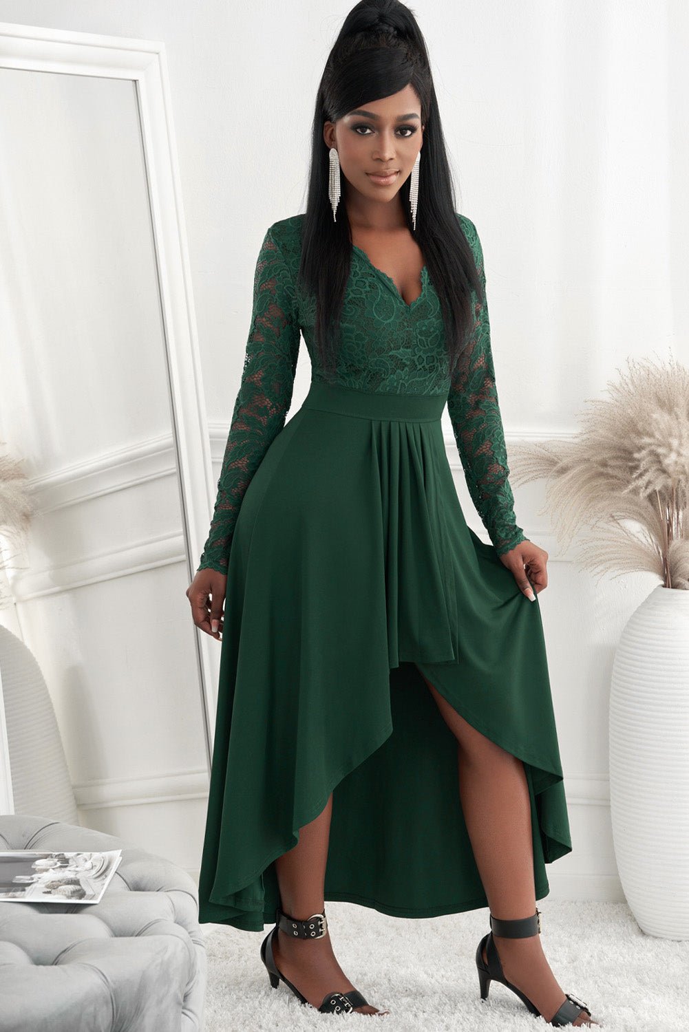 Lace High - Low V - Neck Dress - Flip Flop Dynasty