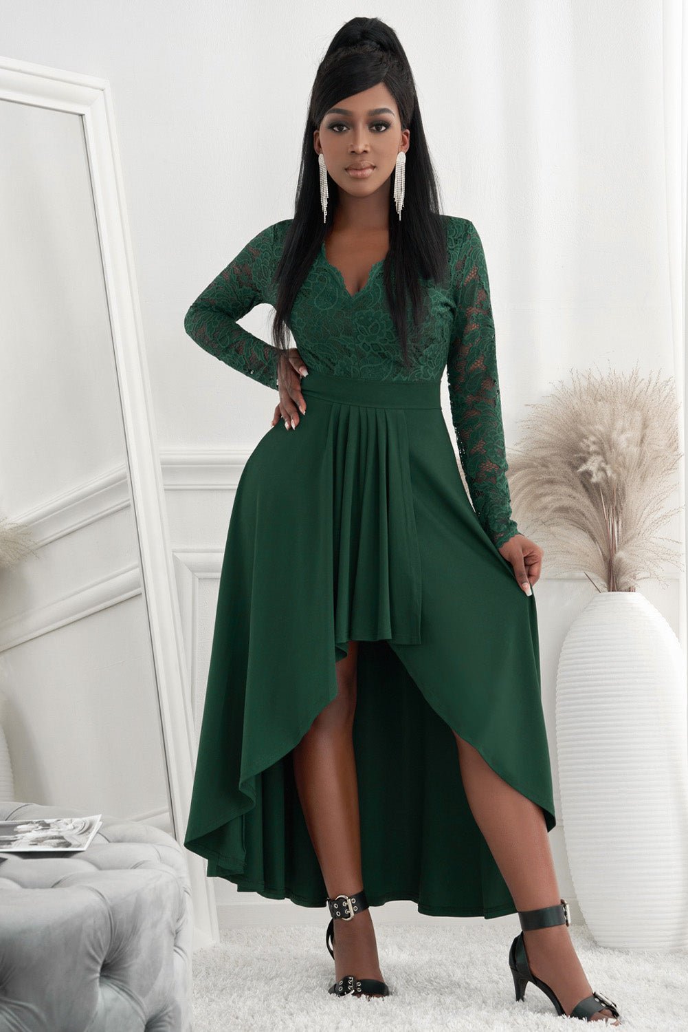 Lace High - Low V - Neck Dress - Flip Flop Dynasty