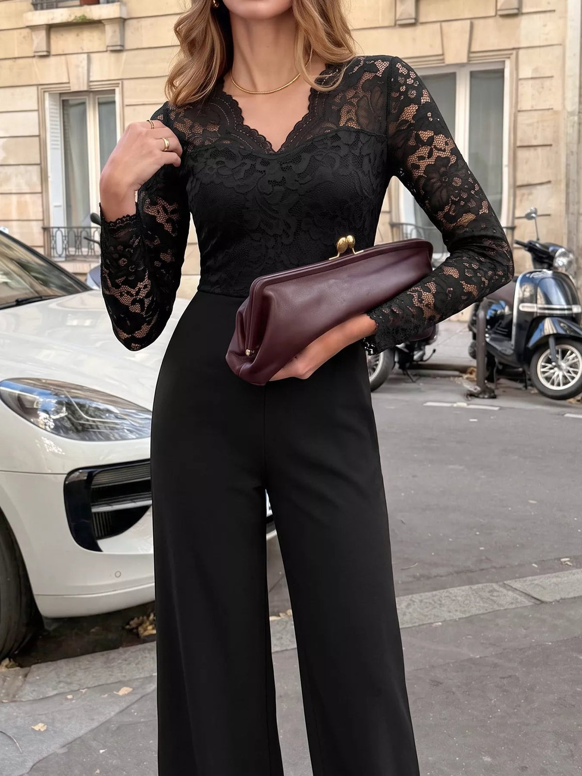 Lace Long Sleeve Wide-Leg Jumpsuit - Flip Flop Dynasty