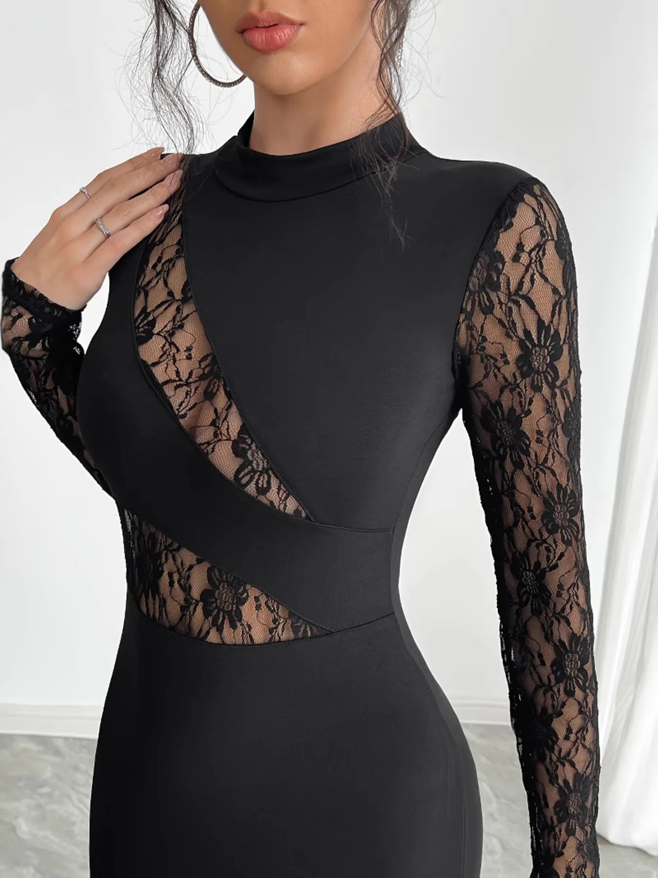 Lace Mock Neck Slit Dress - Flip Flop Dynasty