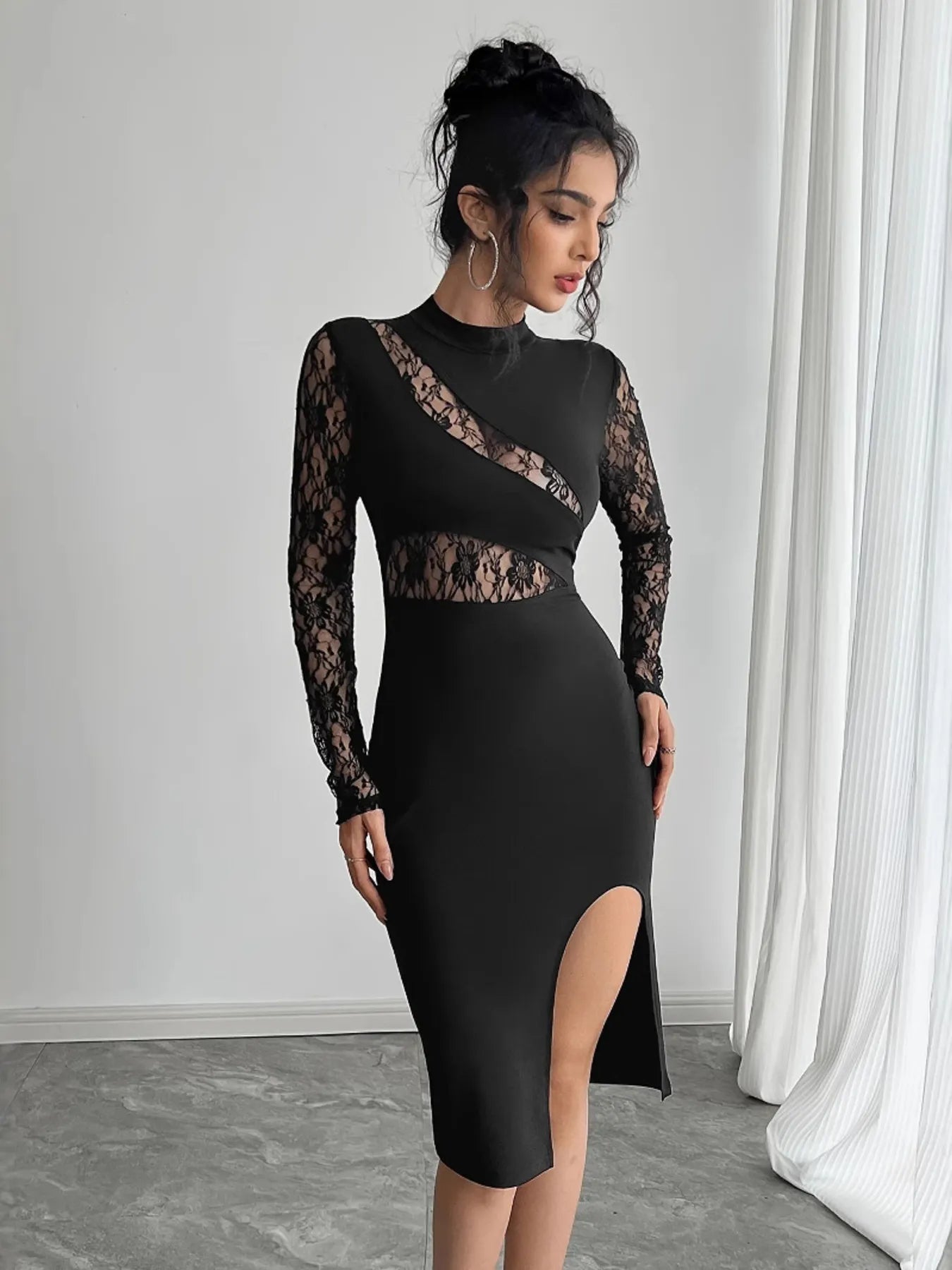 Lace Mock Neck Slit Dress - Flip Flop Dynasty