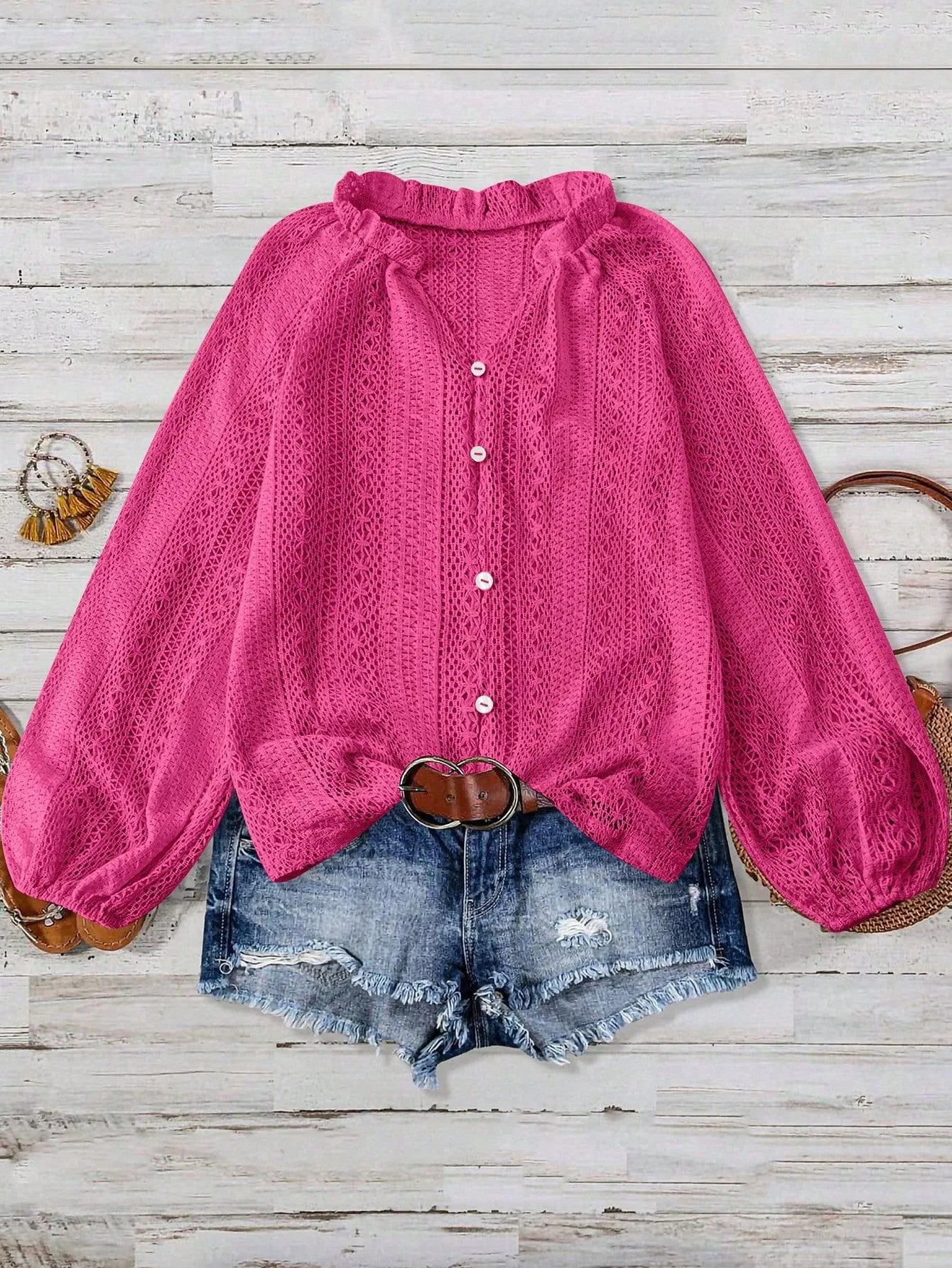Lace Notched Long Sleeve Shirt - Flip Flop Dynasty