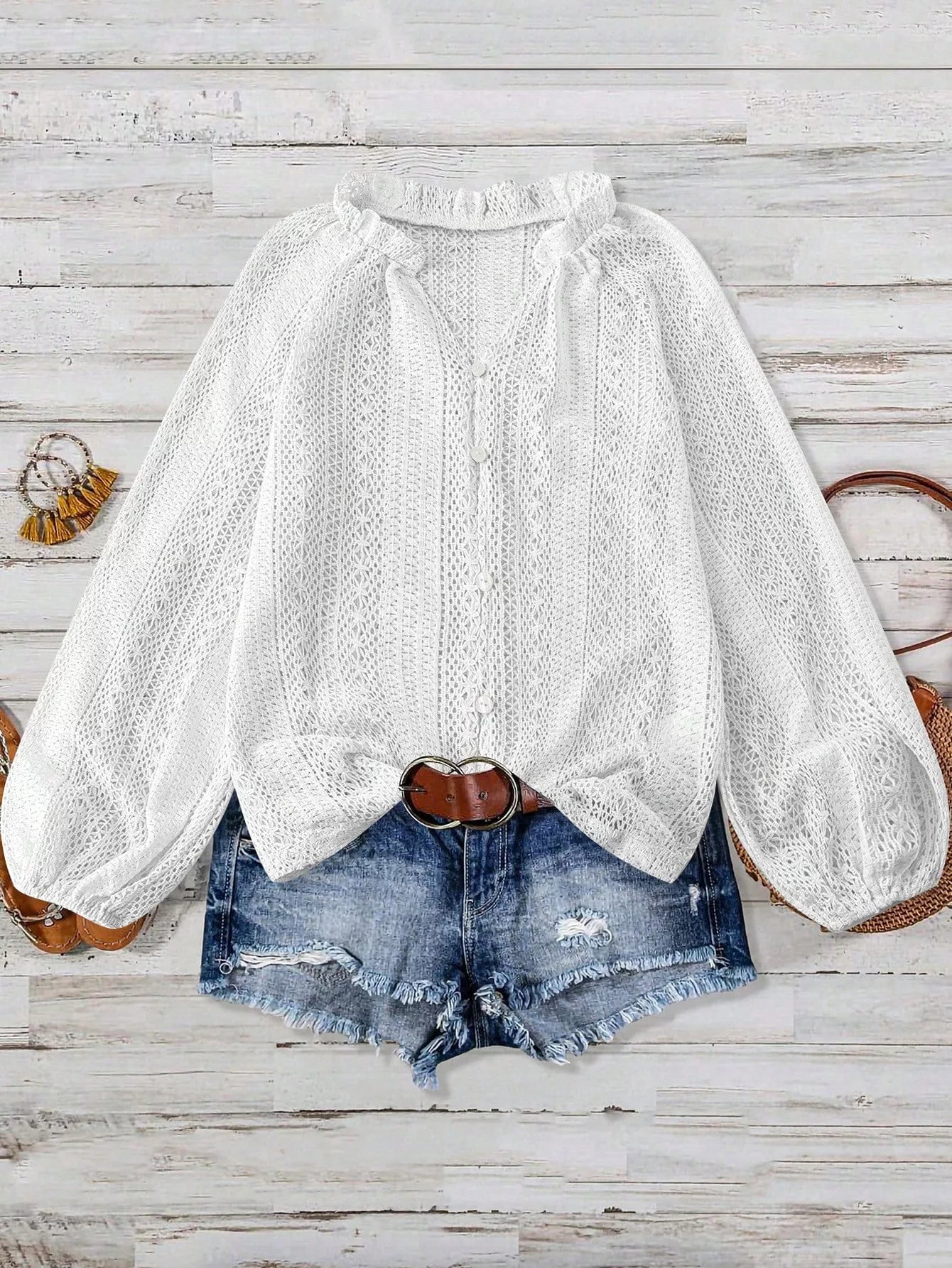 Lace Notched Long Sleeve Shirt - Flip Flop Dynasty