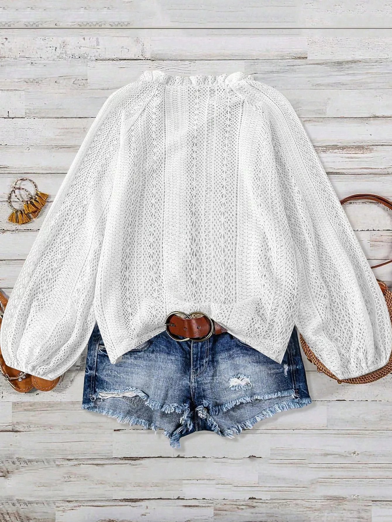 Lace Notched Long Sleeve Shirt - Flip Flop Dynasty