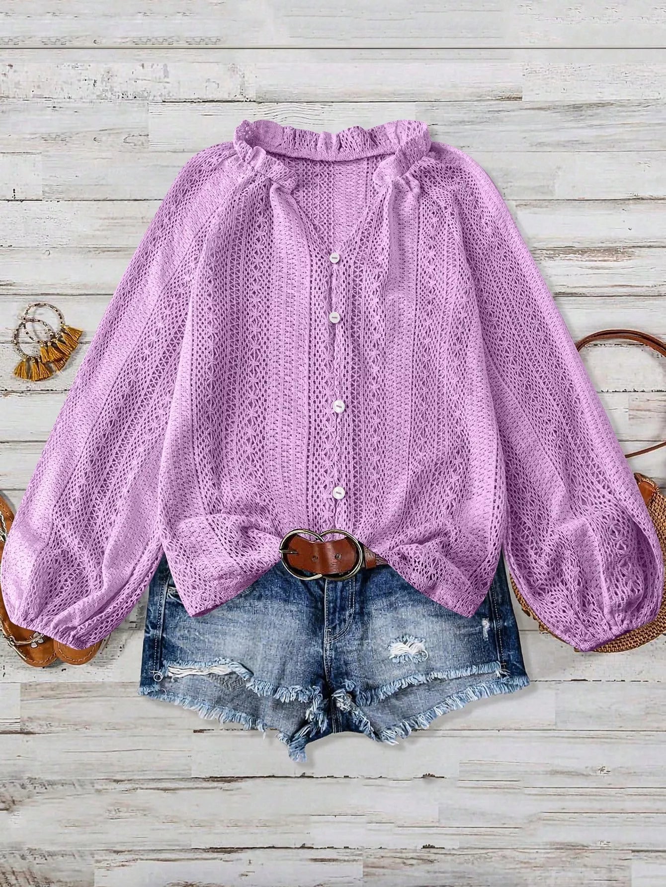 Lace Notched Long Sleeve Shirt - Flip Flop Dynasty