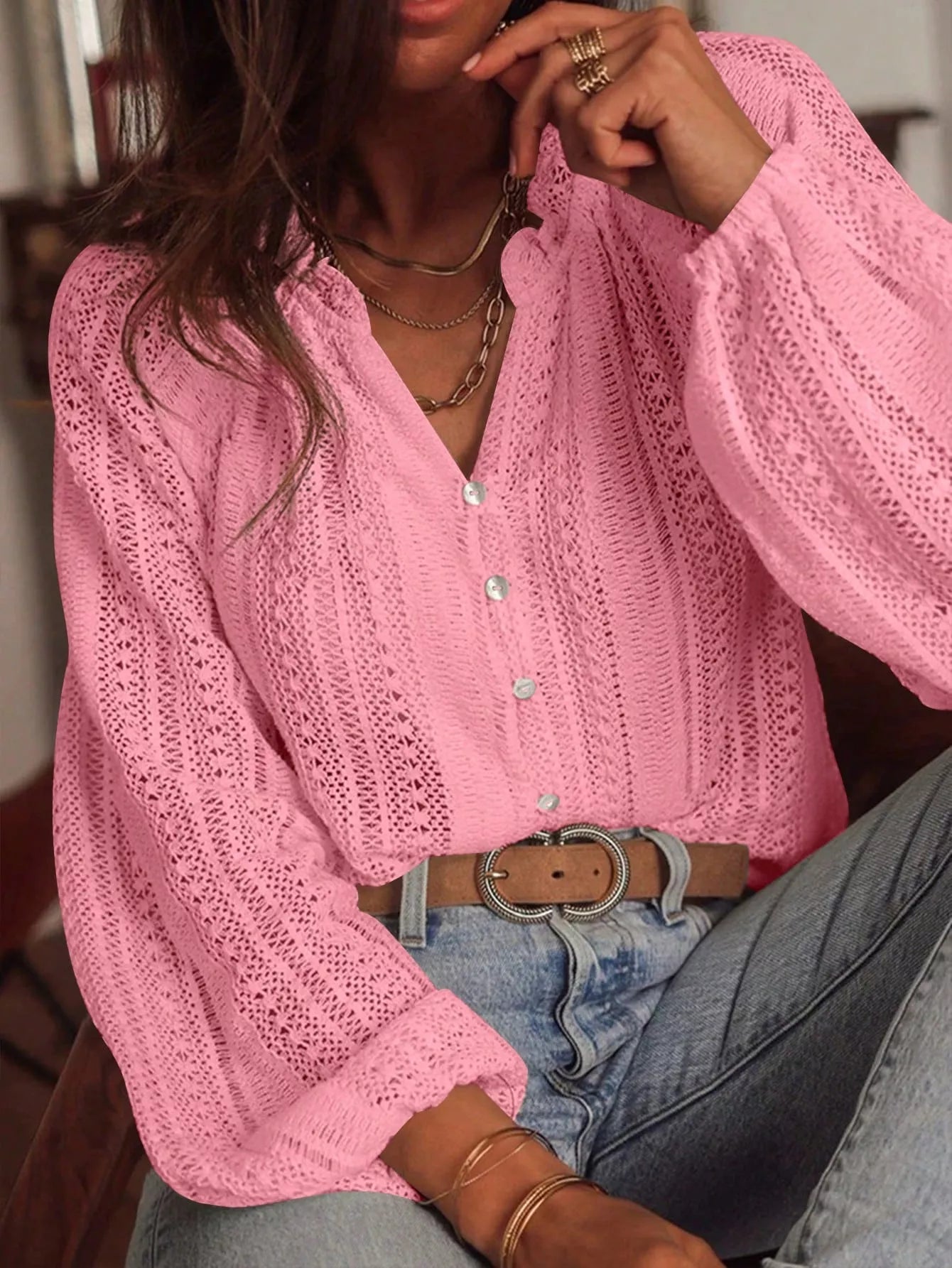Lace Notched Long Sleeve Shirt - Flip Flop Dynasty
