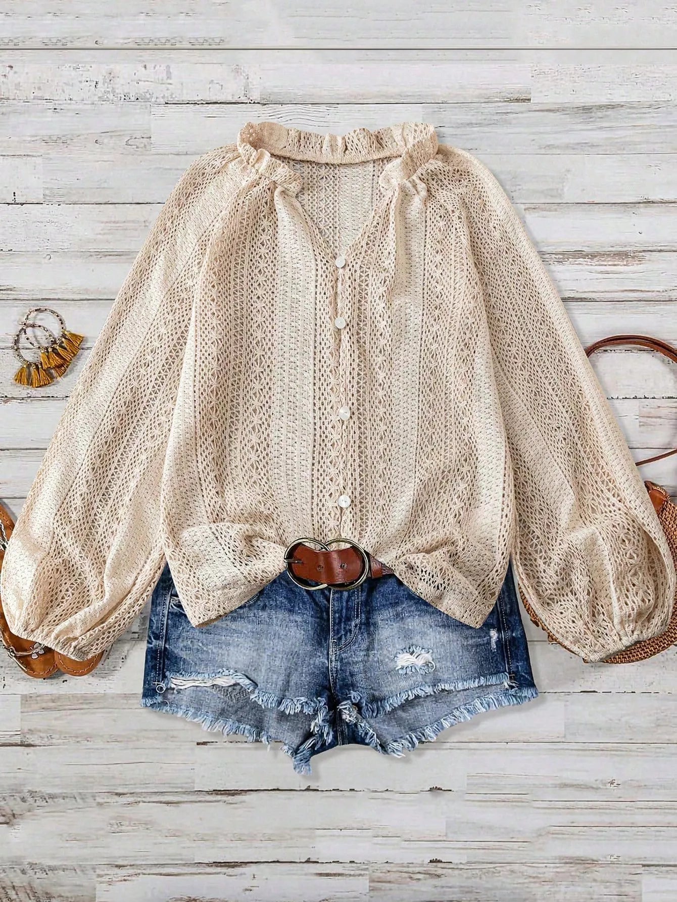 Lace Notched Long Sleeve Shirt - Flip Flop Dynasty