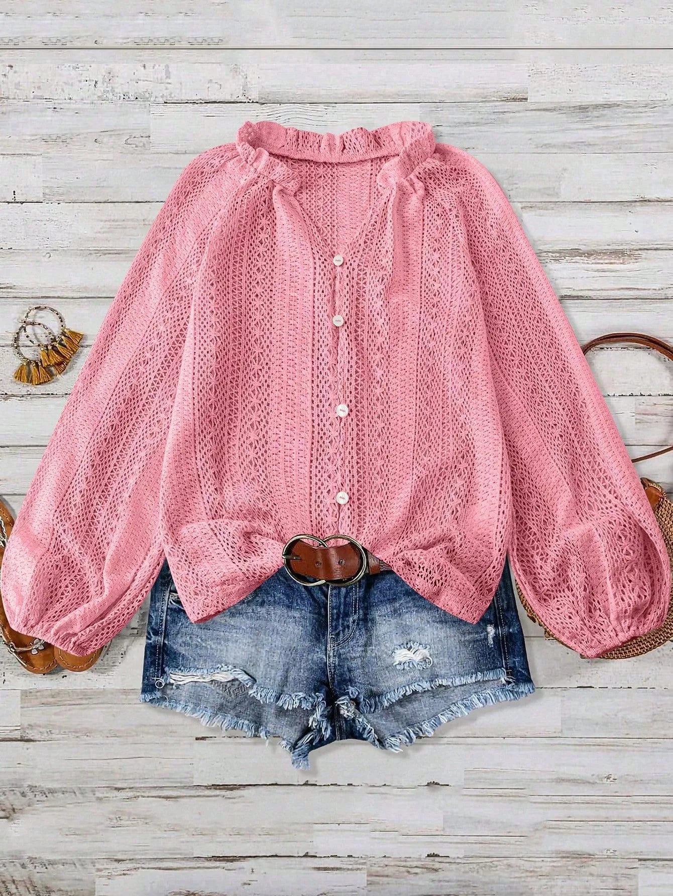 Lace Notched Long Sleeve Shirt - Flip Flop Dynasty