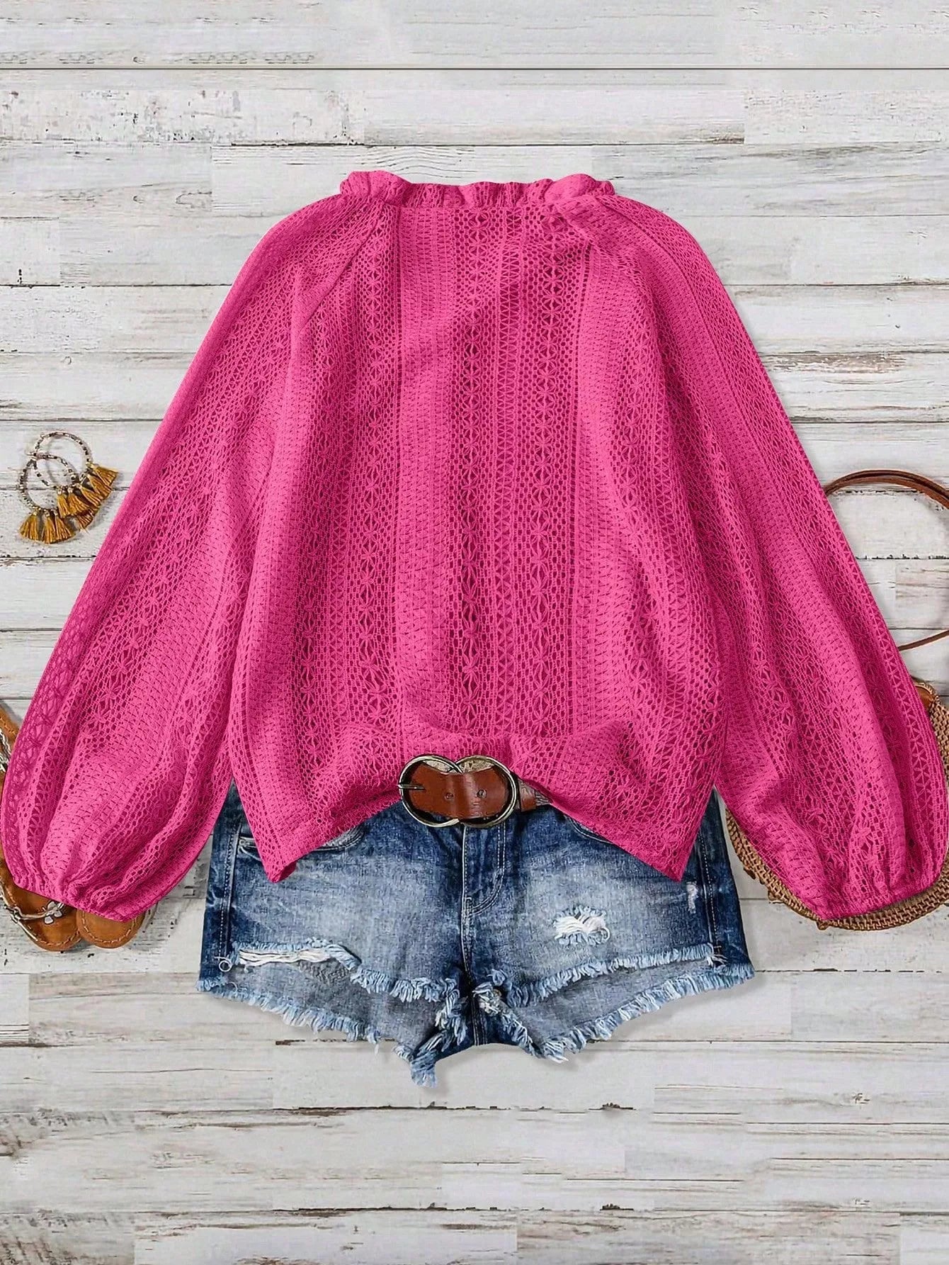 Lace Notched Long Sleeve Shirt - Flip Flop Dynasty