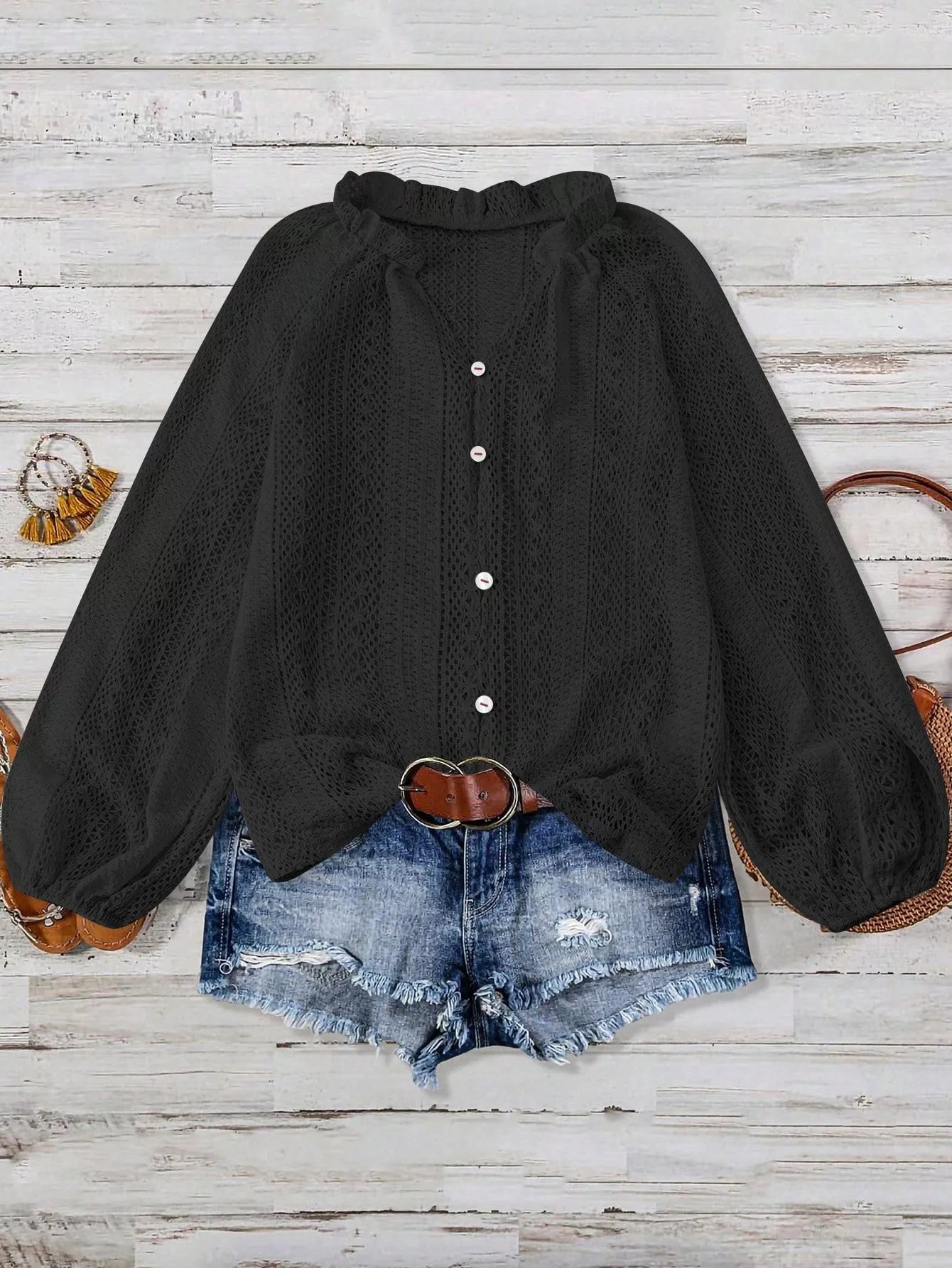 Lace Notched Long Sleeve Shirt - Flip Flop Dynasty