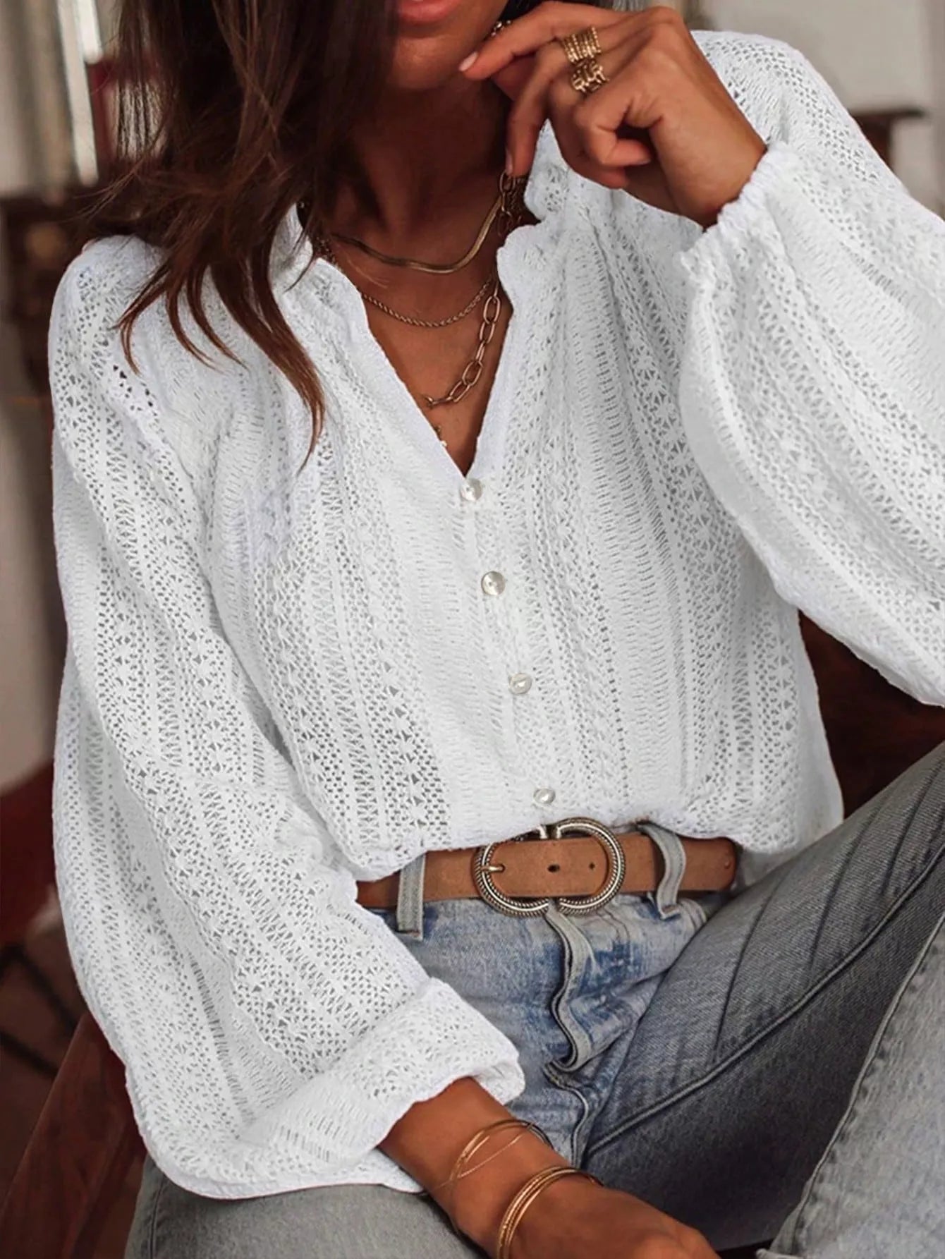 Lace Notched Long Sleeve Shirt - Flip Flop Dynasty