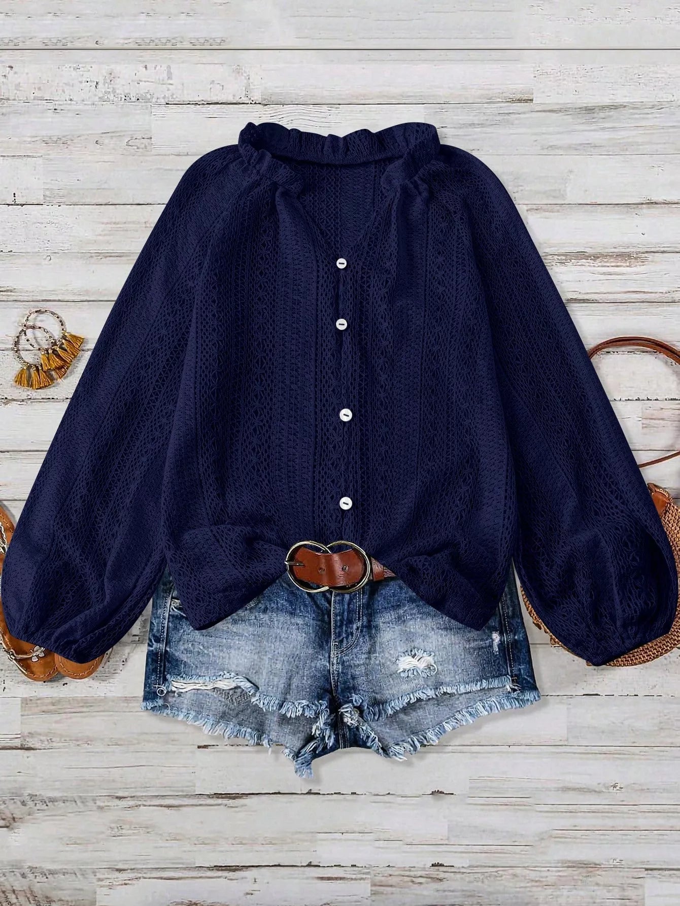 Lace Notched Long Sleeve Shirt - Flip Flop Dynasty