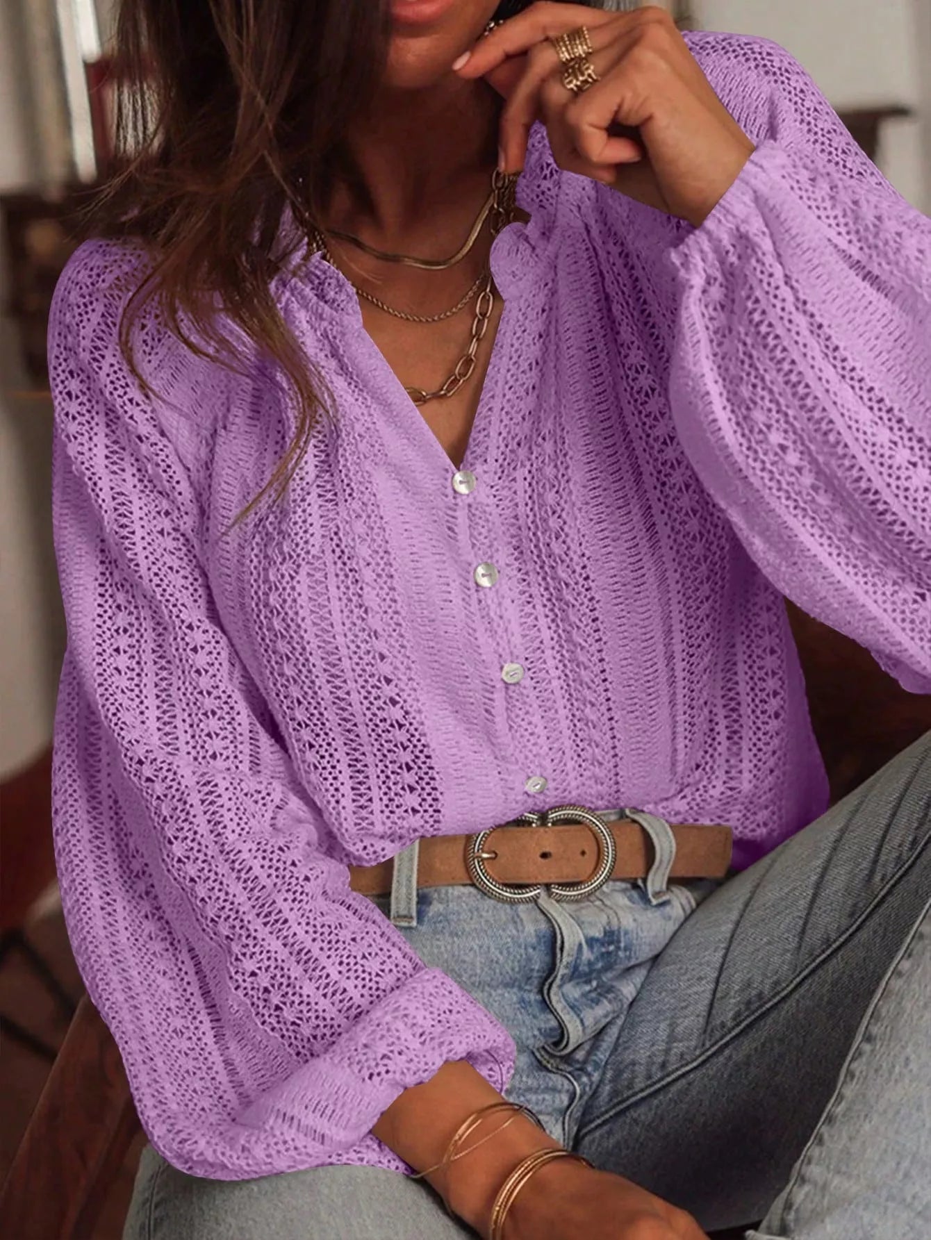 Lace Notched Long Sleeve Shirt - Flip Flop Dynasty